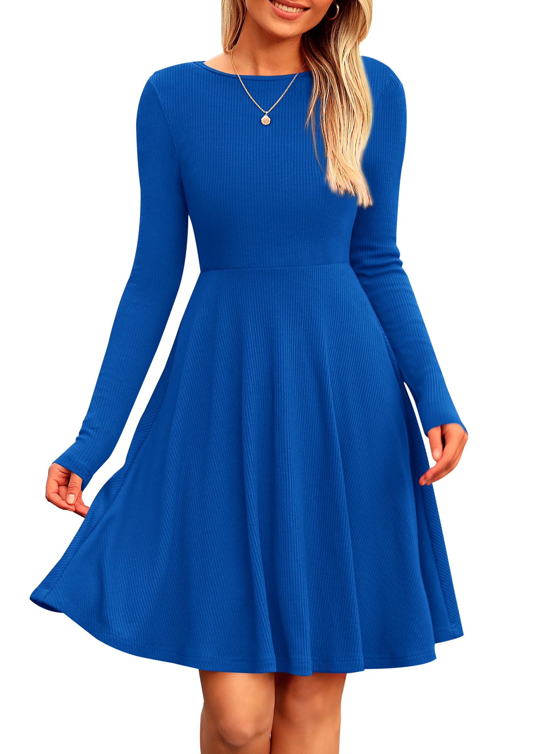 Women's Fall Casual Long Sleeve Short Dress (Blue,S)