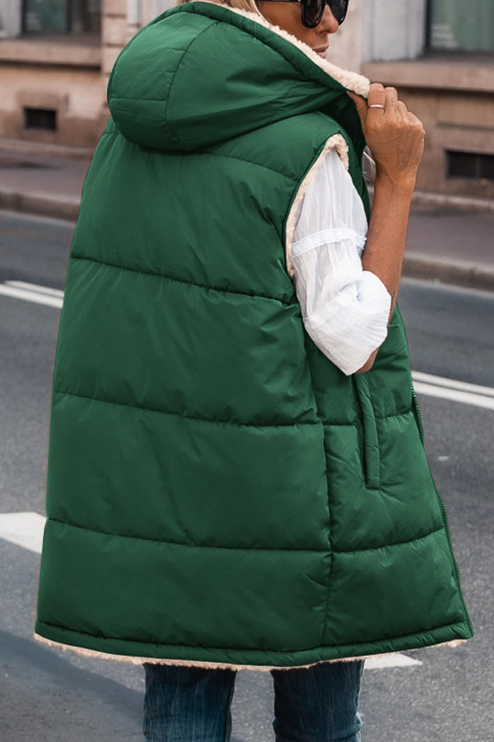 Women's Winter Reversible Fleece Long Vests(Dark Green,M)