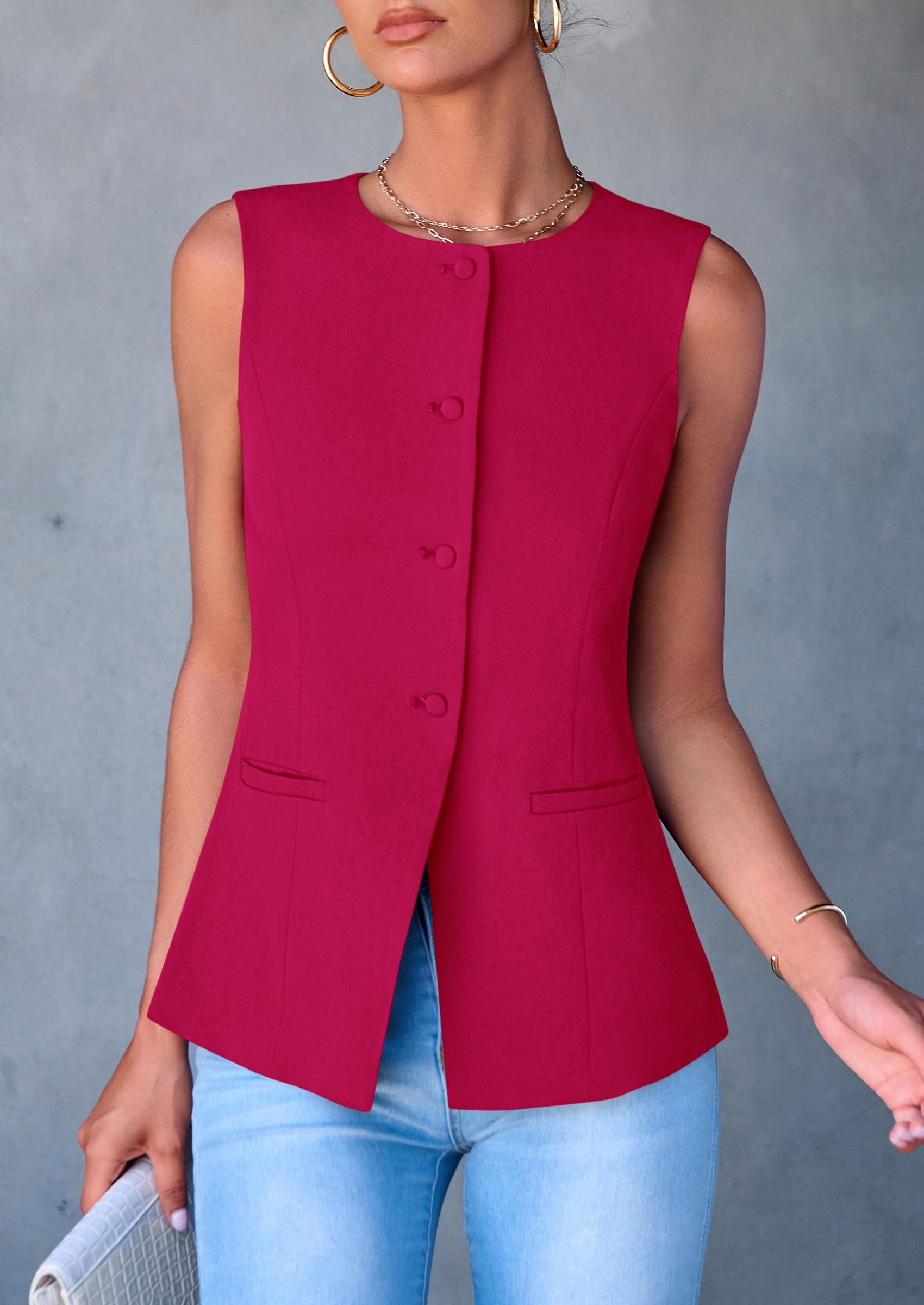 Women Tailored Suit Vest Business Casual Tops, Magenta,S