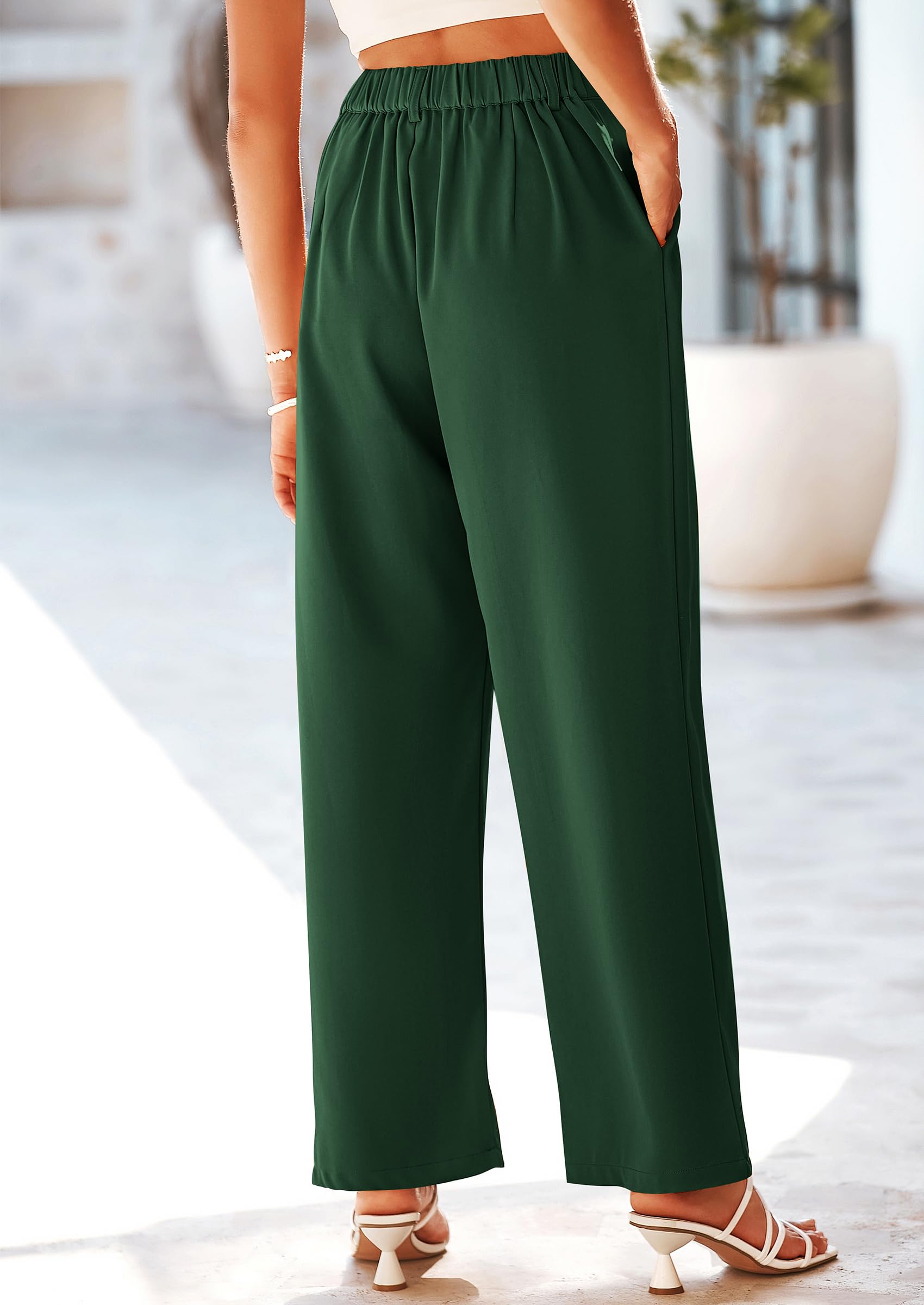 Women's Flowy Wide Leg Dress Pants,Dark Green,L