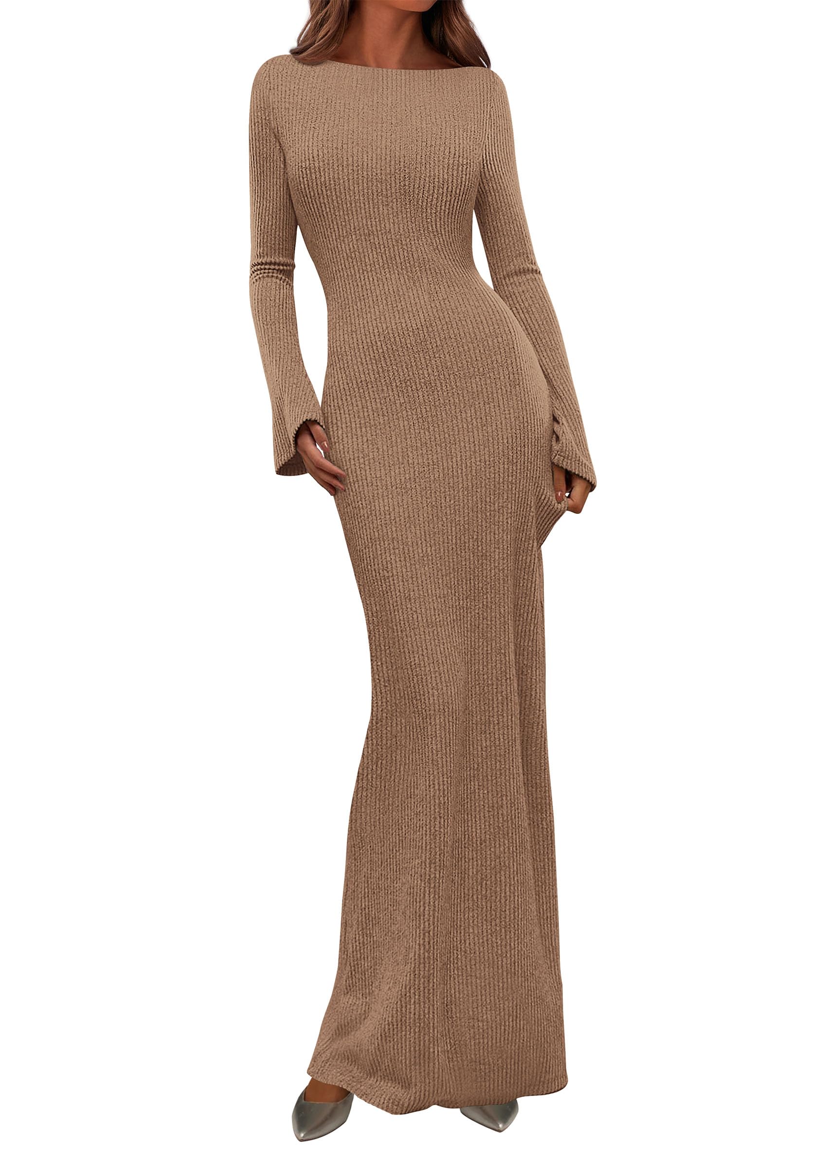 Women's Fall Long Sleeve Bodycon Maxi Dresses (Khaki,XS)