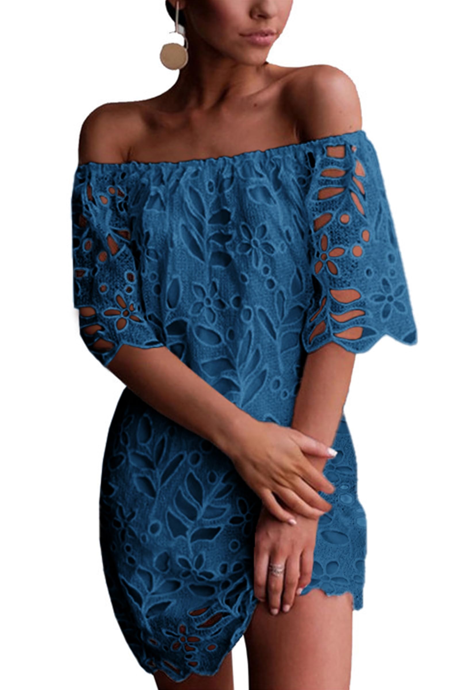 Women's Boho Off the Shoulder Lace Mini Dress, Lake Blue,S