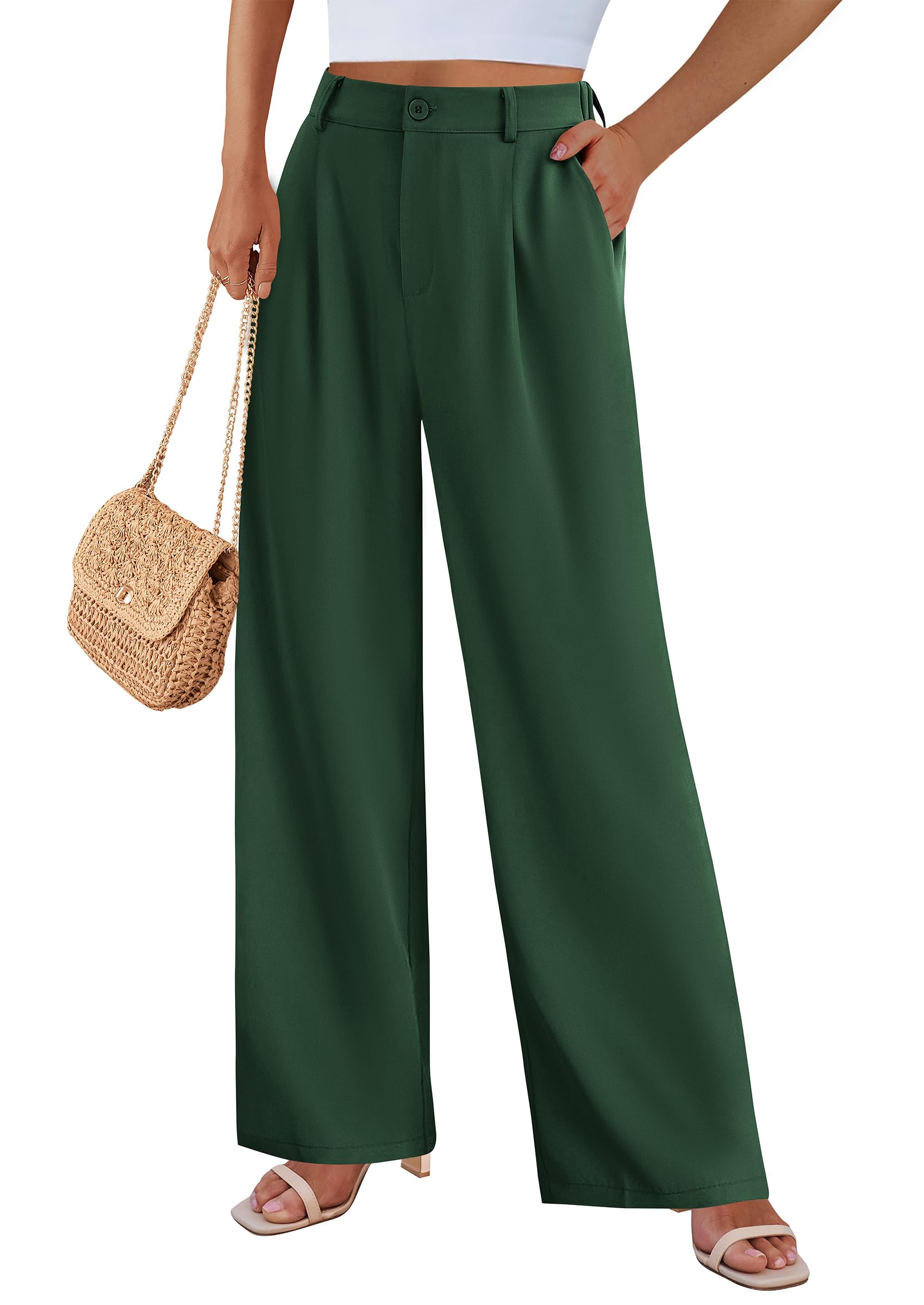 Women's Flowy Wide Leg Dress Pants,Dark Green,L
