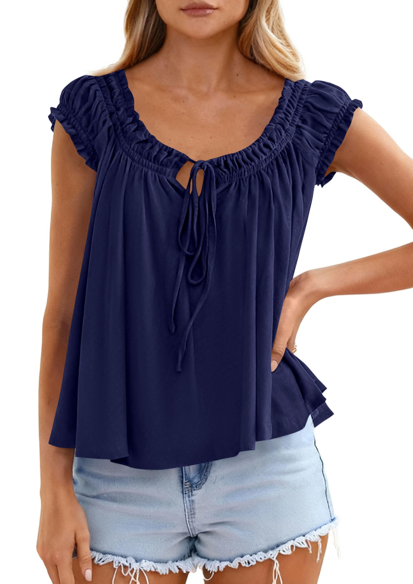 Womens Summer Tank Tops Babydoll Peplum Blouses,Navy Blue,XS