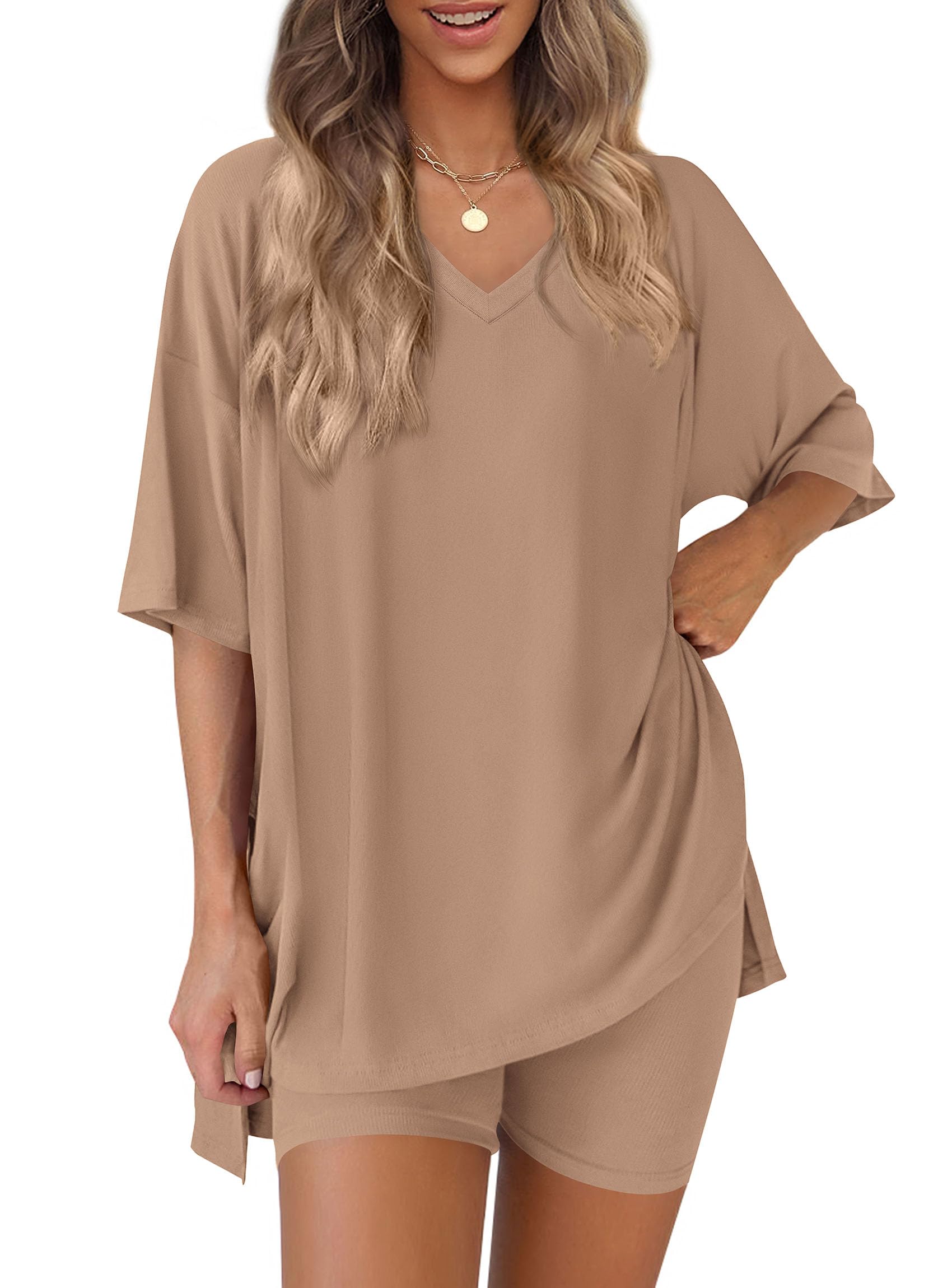 Womens 2 Piece Outfit Lounge Short Sets,Khaki,S