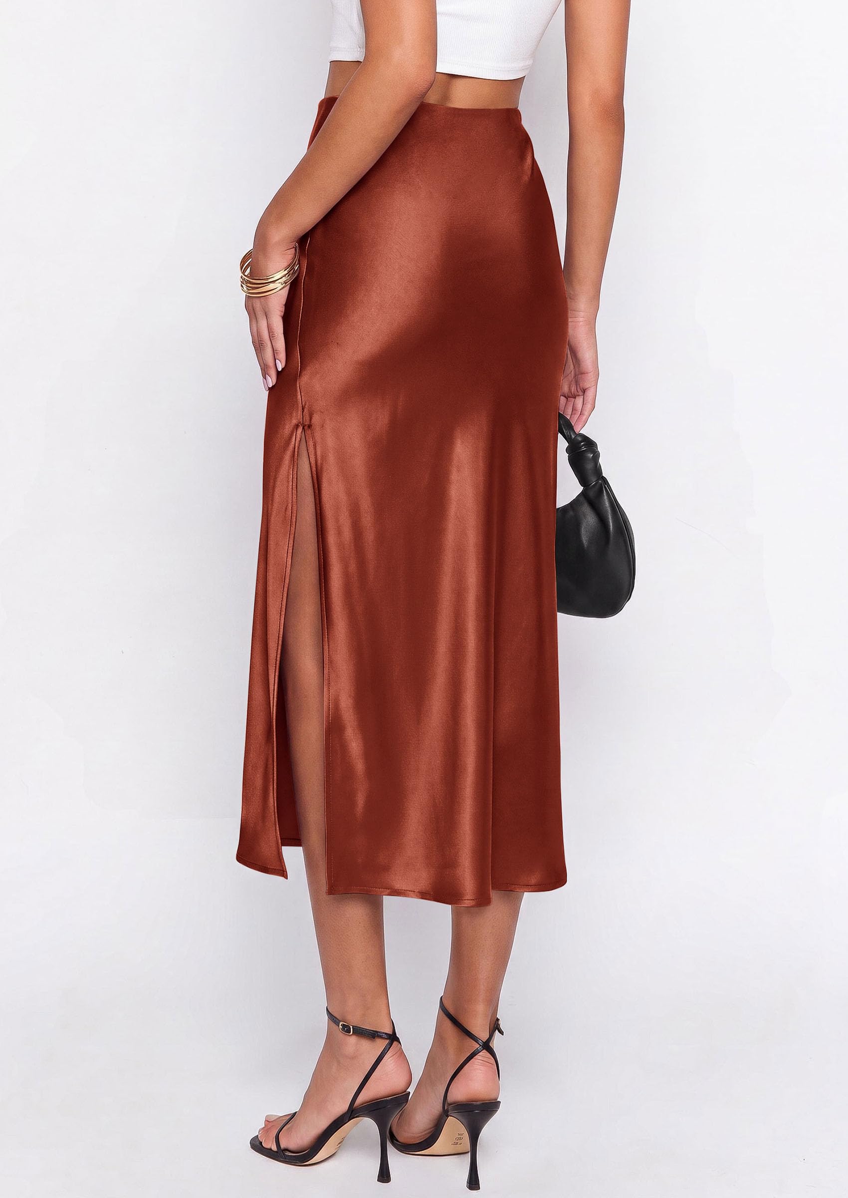 Womens Satin Skirt Silk Slip Midi Work Skirts, Brown, S