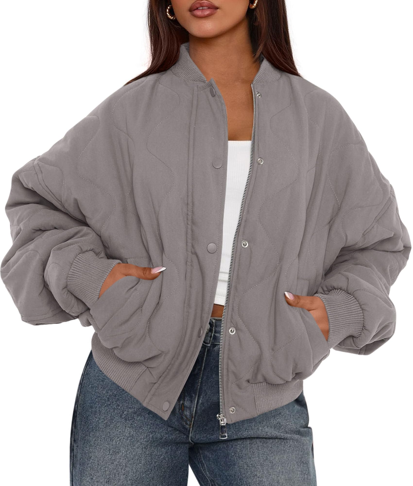 Women's Quilted Bomber Jacket Fall Fashion 2026 Lightweight Cropped Zip up Outerwear Winter Puffer Coats Pockets (Grey,Small)