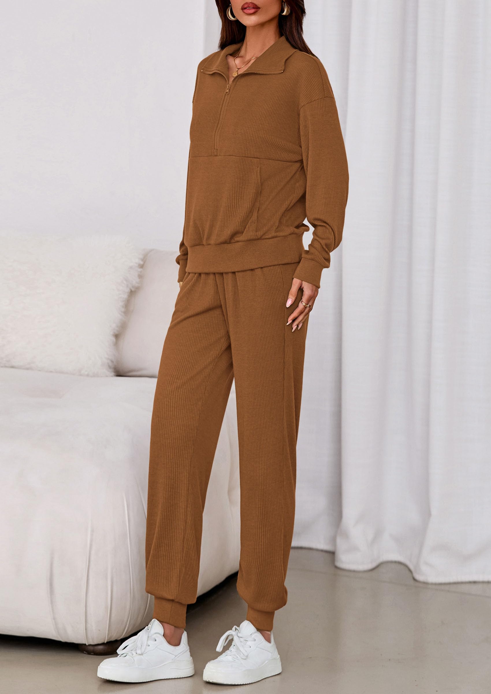 Airport Travel Outfit Women Ribbed Knit Matching Lounge Sets