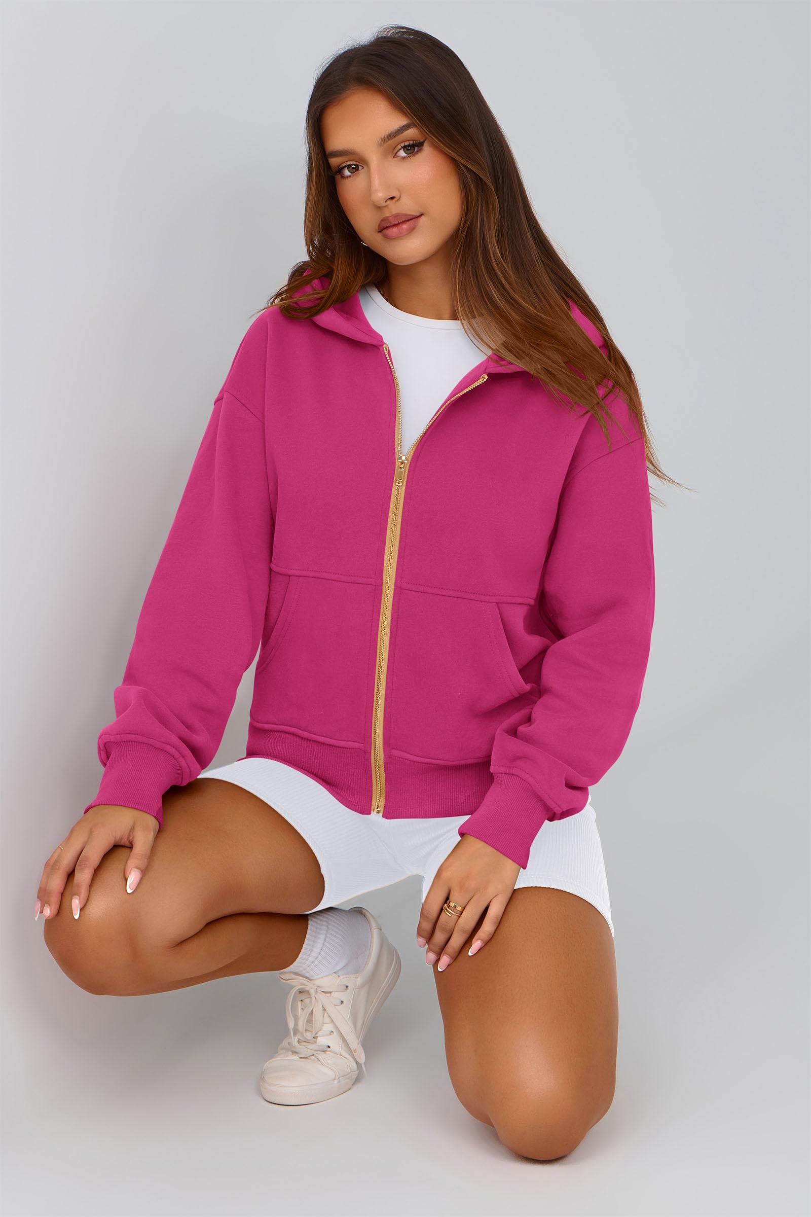 Hoodies for Women Fall Fashion Zip Up Fleece Plain Sweatshirt