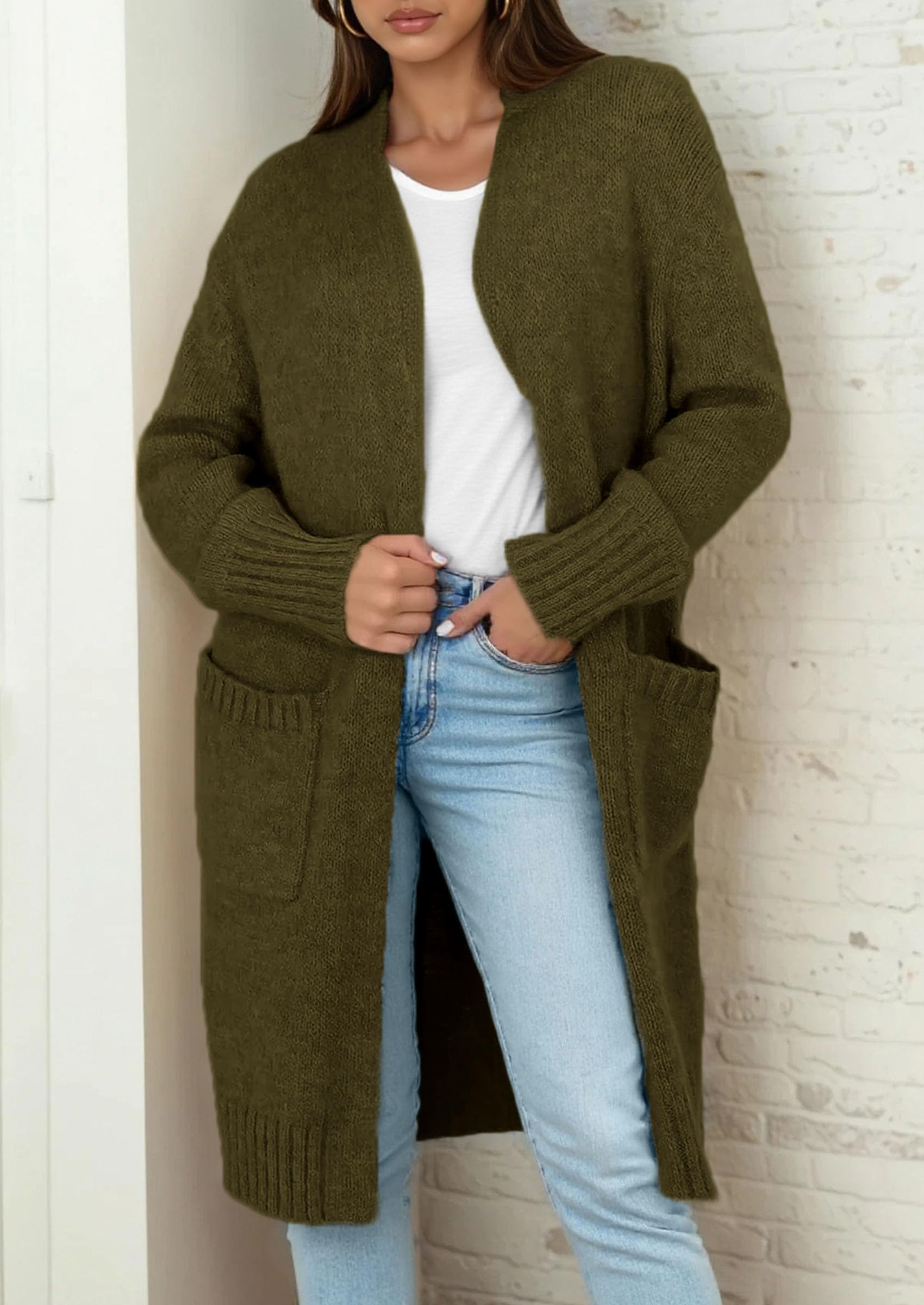 Open Front Cardigan Sweaters for Women,Army Green,S