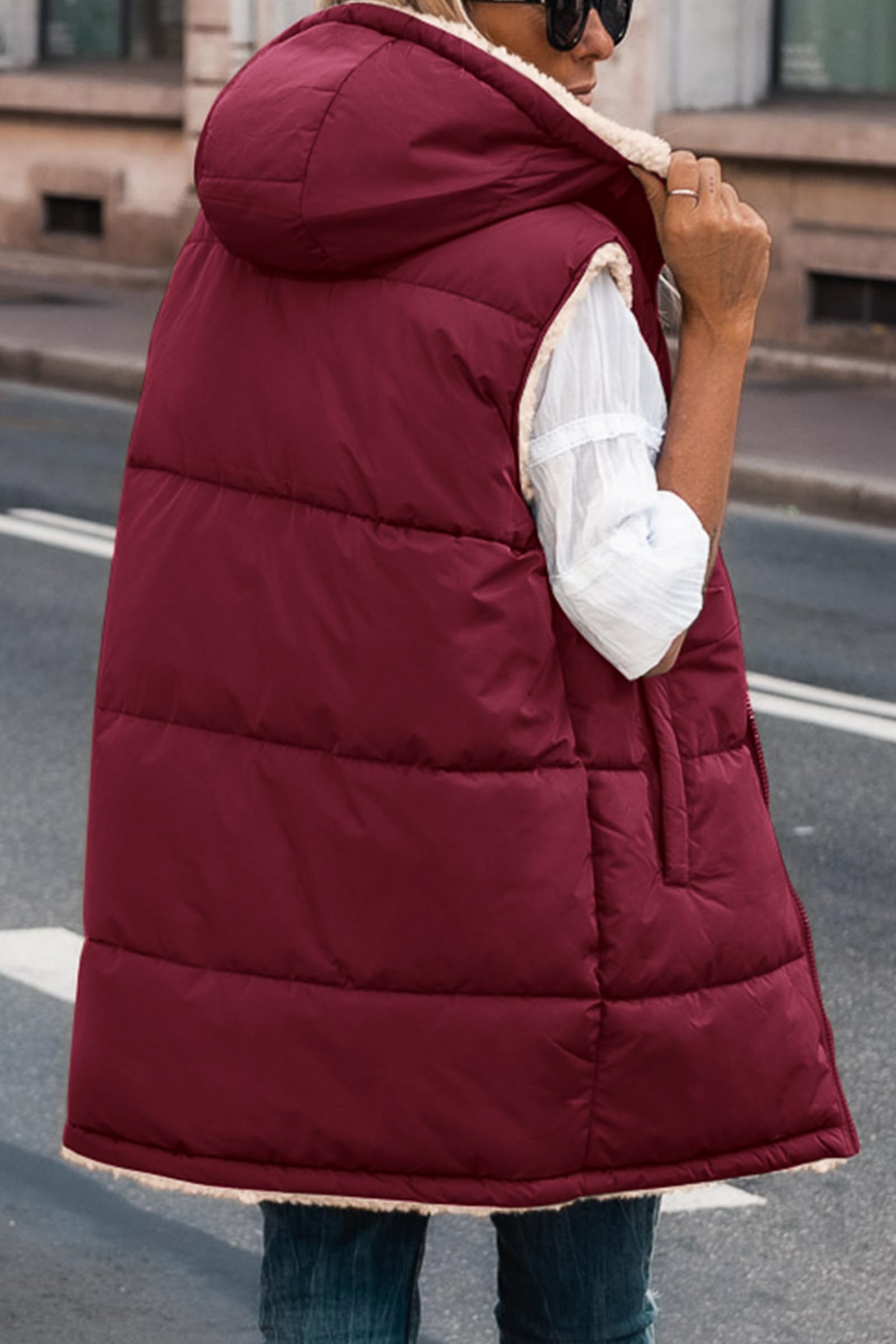 Women's Winter Reversible Fleece Long Vests(Wine Red,S)