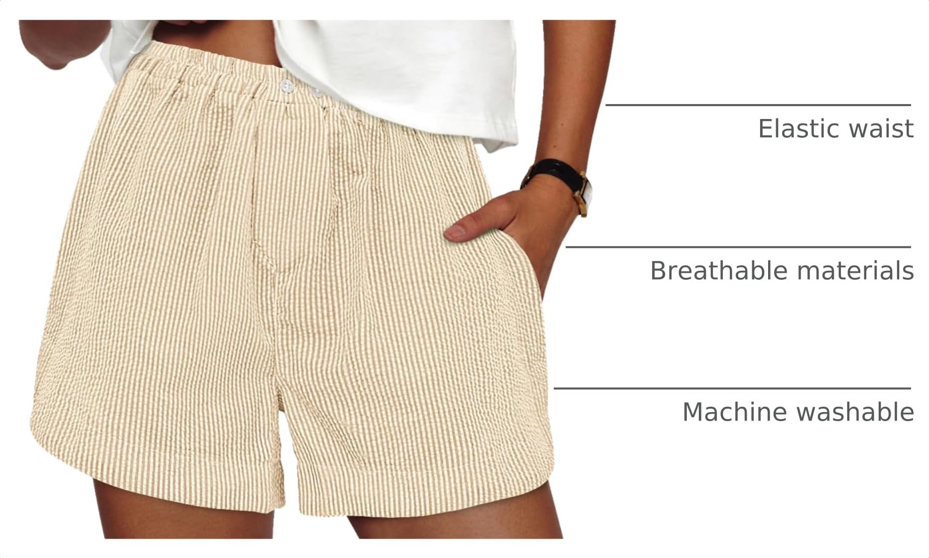 Women's Summer Striped Boxer Shorts, Striped Apricot White,L