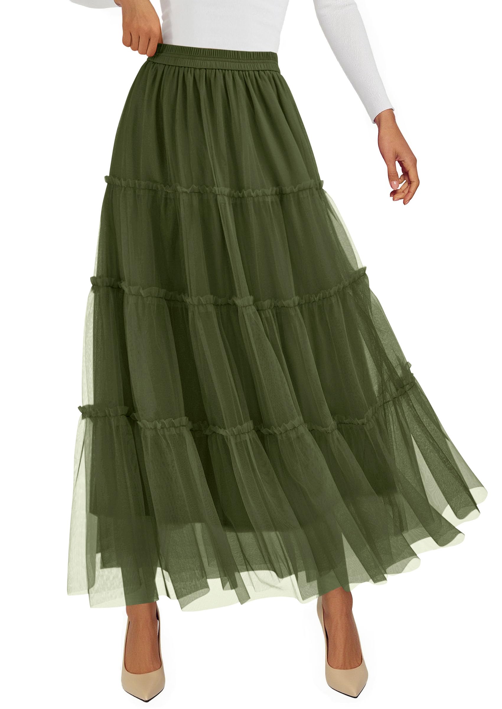 Women's Fall Soft Tulle Tiered Long Skirt,Army Green,S