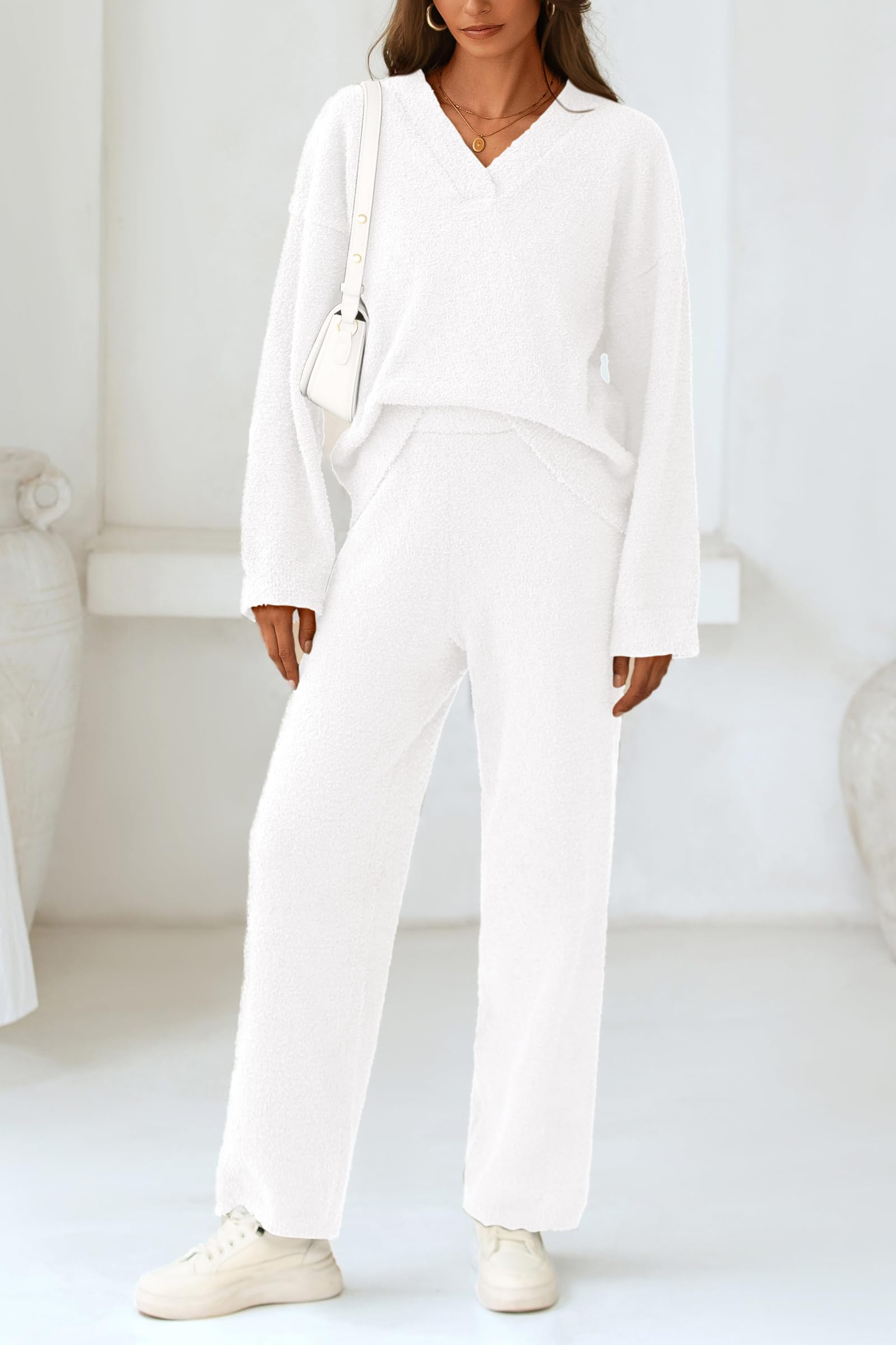 Lounge Sets for Women Fall 2 Piece Fuzzy Sweater Pajama Set