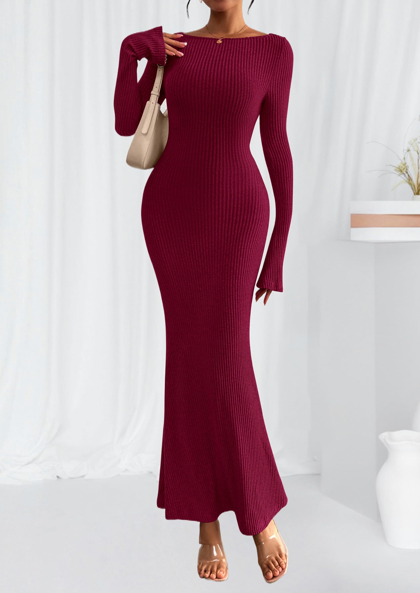 Women's Fall Long Sleeve Bodycon Maxi Dresses (Burgundy,XS)