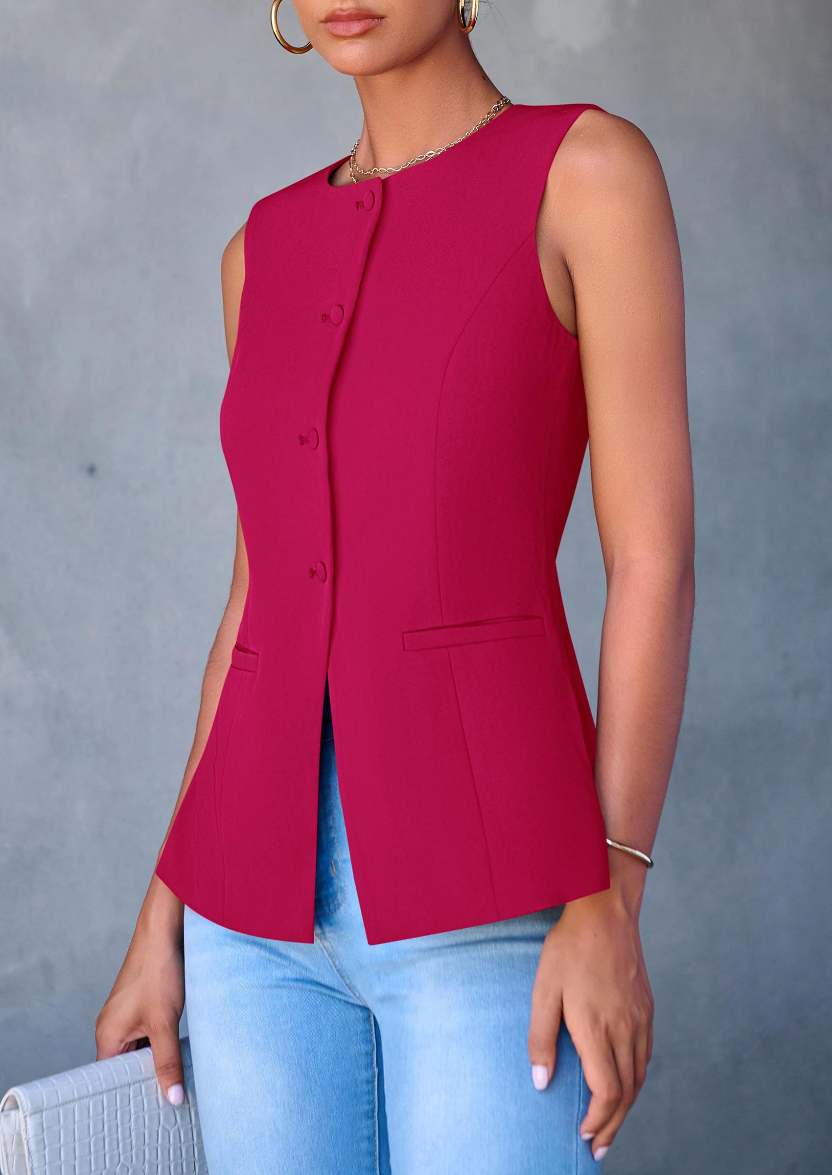 Women Tailored Suit Vest Business Casual Tops, Magenta,S