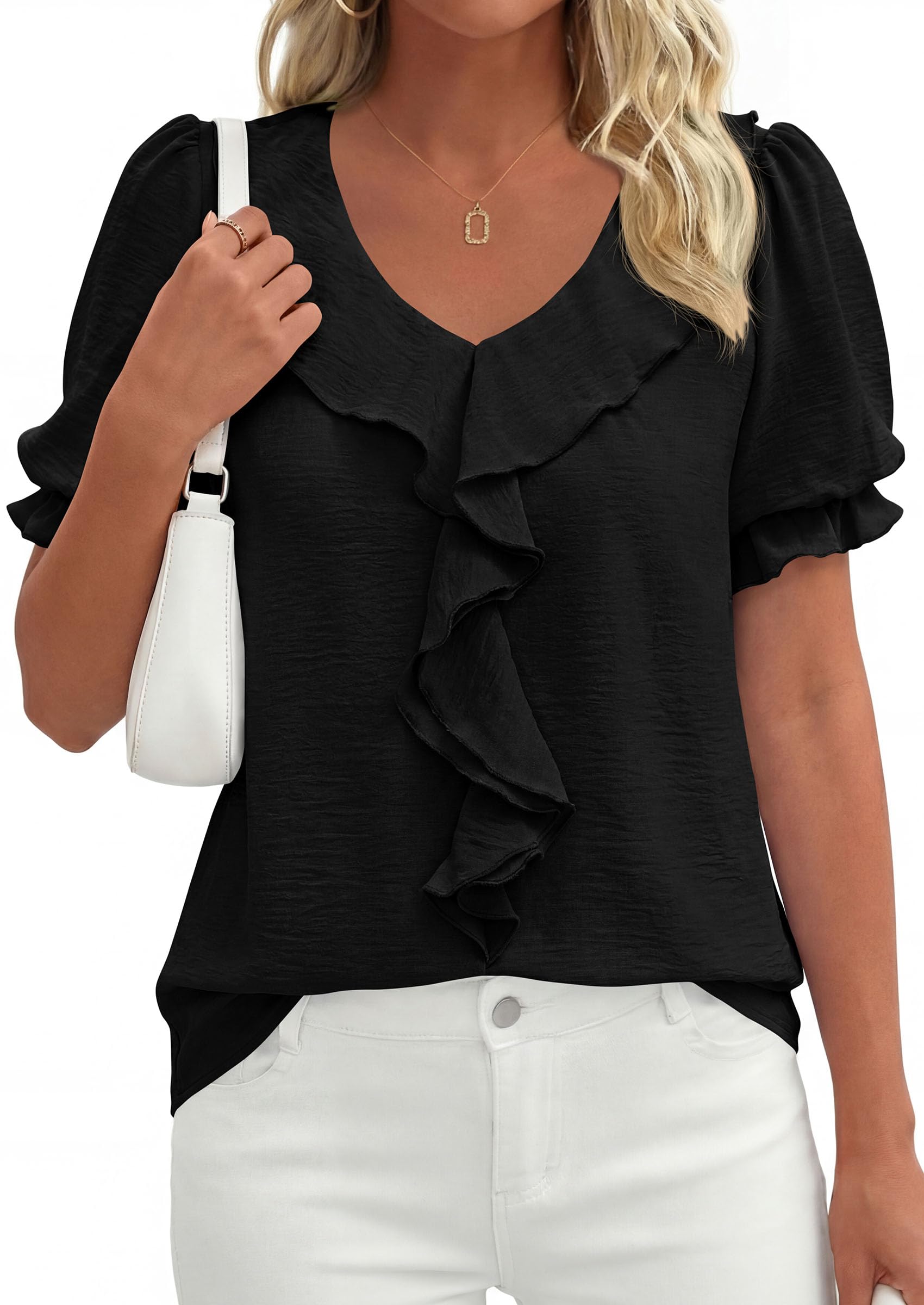 Women's Summer Ruffle Dressy Casual Blouses (Black,S)