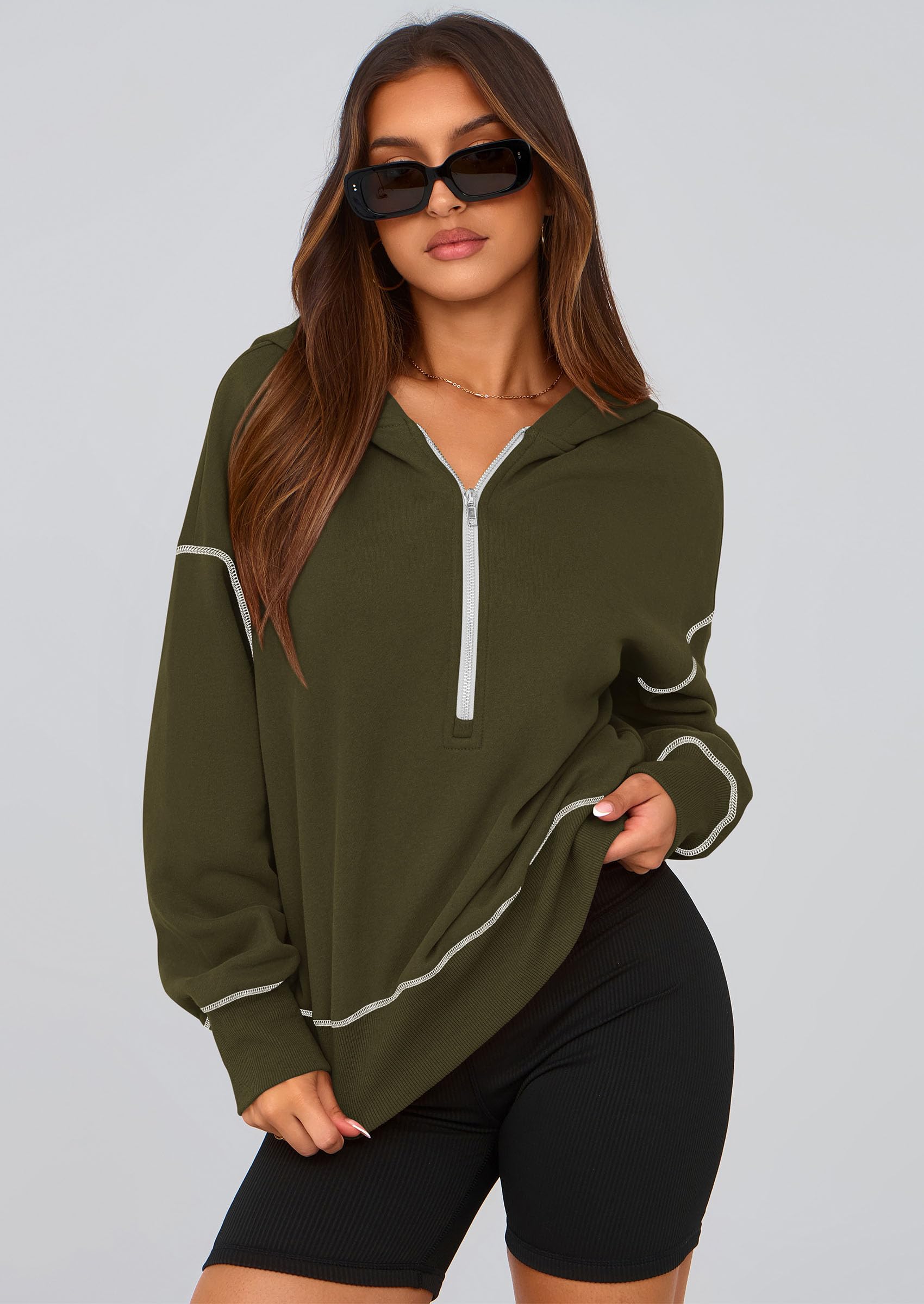 Women's Fall Half Zip Cropped Hoodie Sweatshirt Army Green