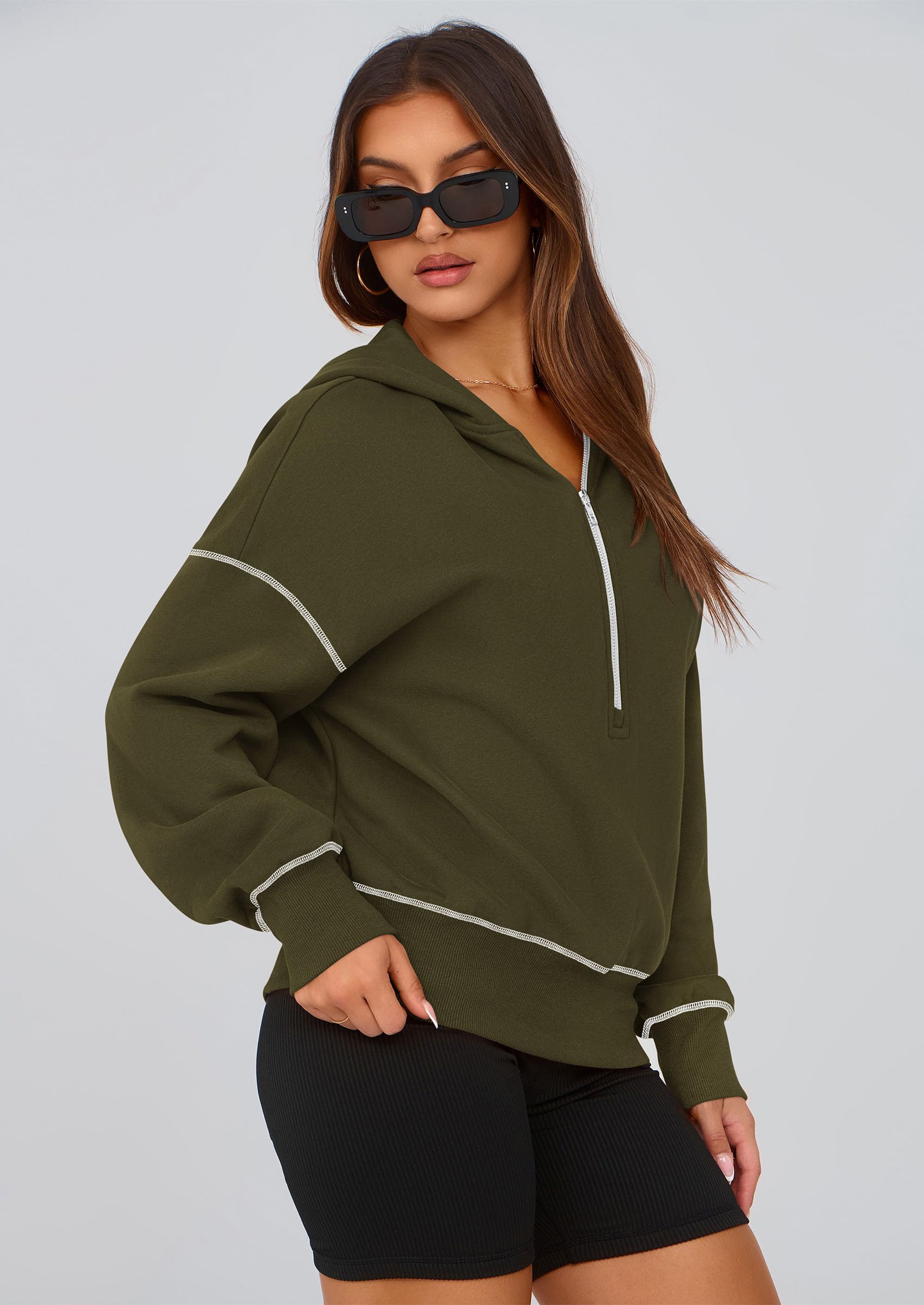 Women's Fall Half Zip Cropped Hoodie Sweatshirt Army Green