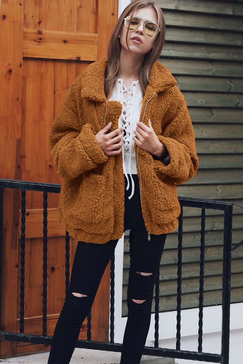 Women's Oversized Sherpa Fleece Coats, Golden,S