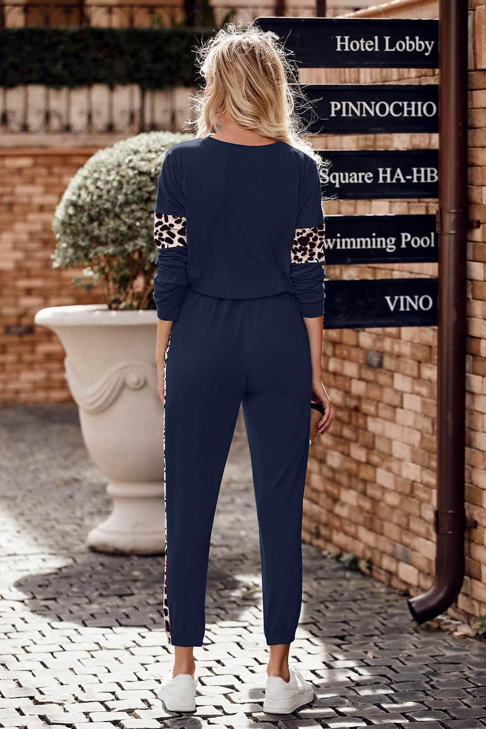 Women Color Block 2 Piece Sets Tracksuit,Leopard Navy,S