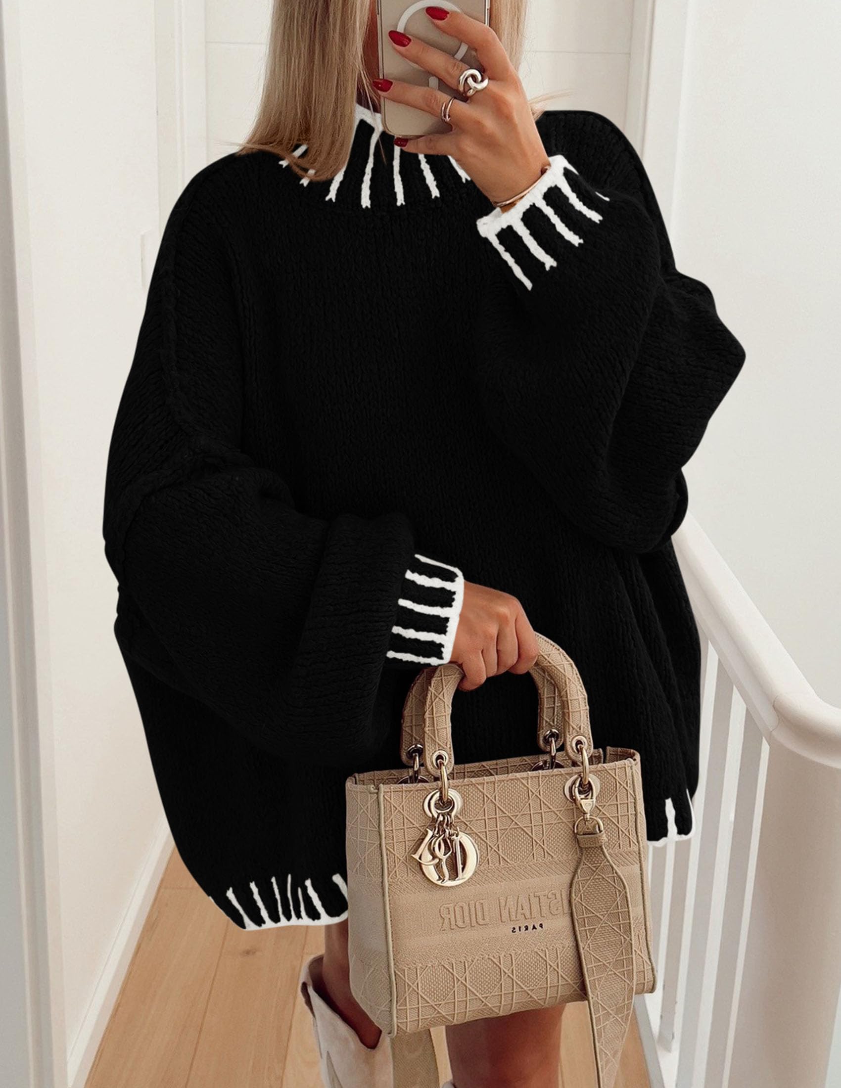 Women's Mock Neck Oversized Pullover Sweaters,Black,XS