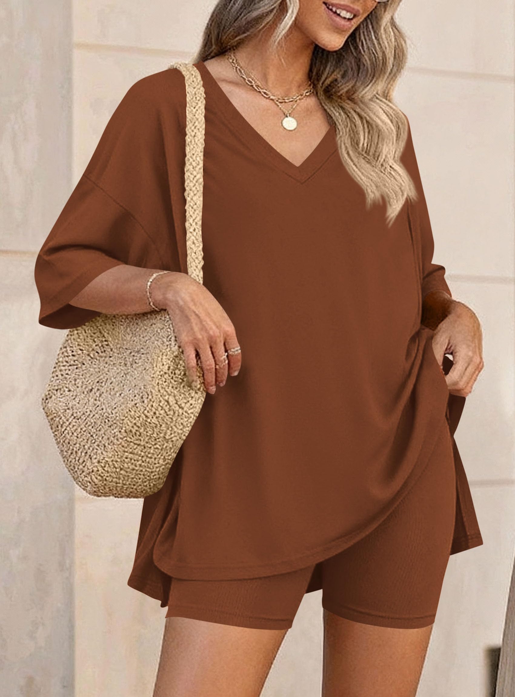 Womens 2 Piece Outfit Lounge Short Sets,Brown,S