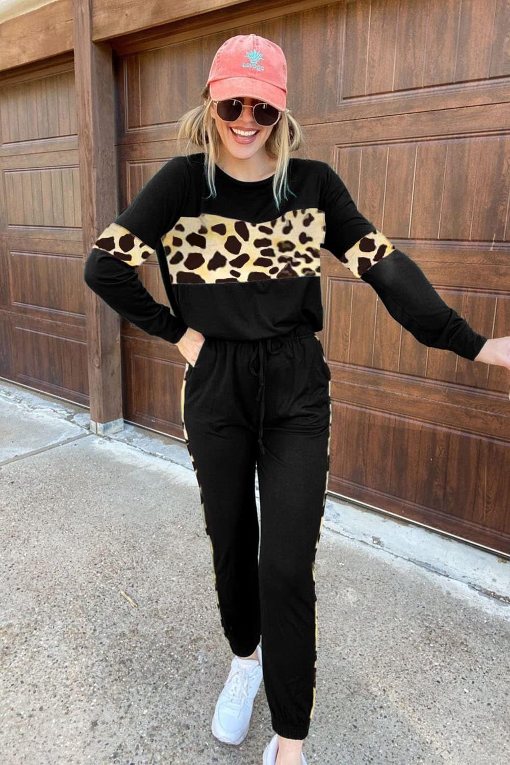 Women Color Block 2 Piece Sets Tracksuit,Leopard Black,S