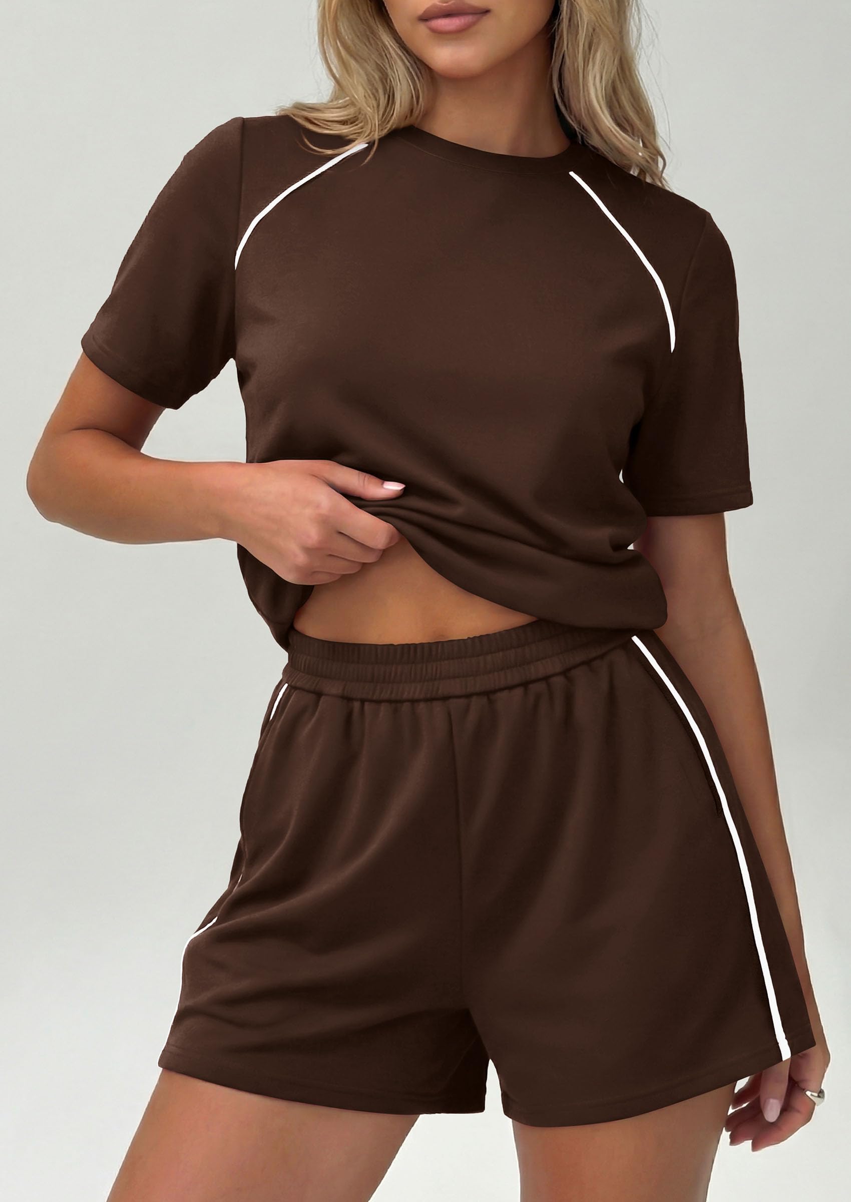 Womens 2 Piece Short Sets Casual Summer Outfits, Brown,S