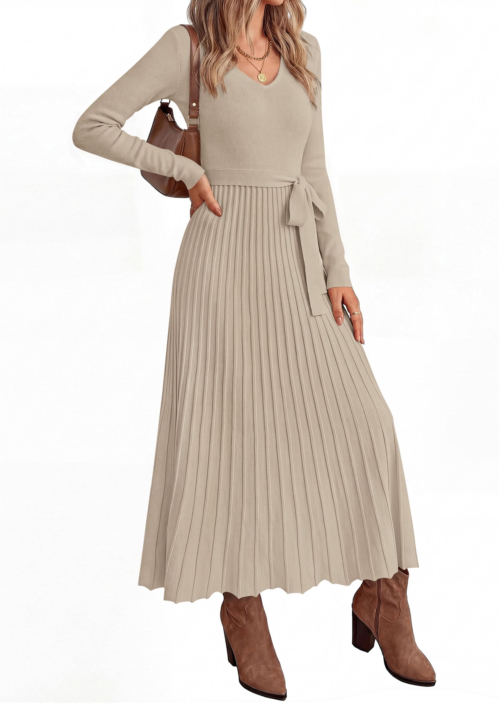 Womens Fall Maxi Long Sleeve Sweater Dress,Light Khaki,S