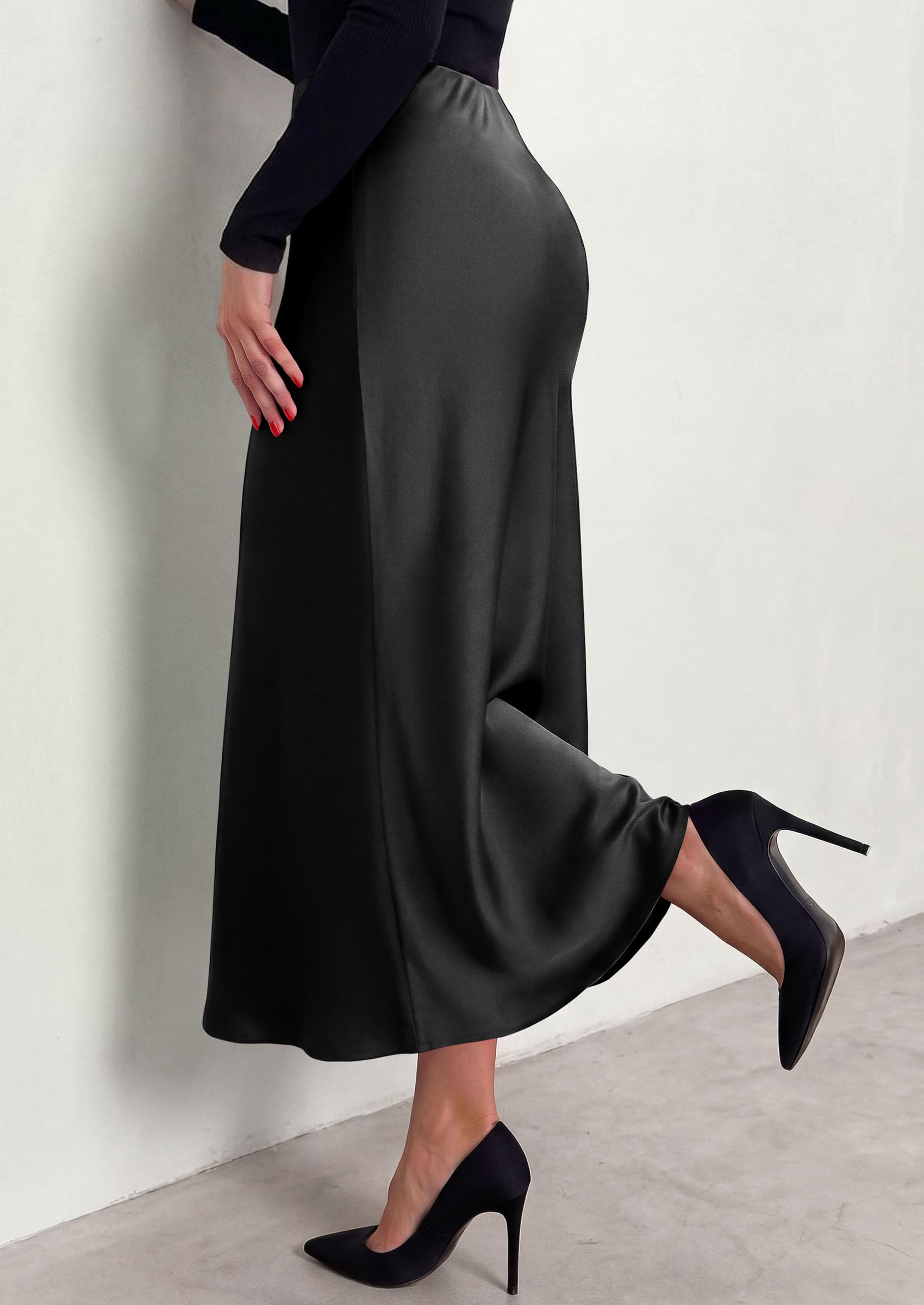 Women's Silk Satin Maxi Skirts Fall Clothes (Black,S)