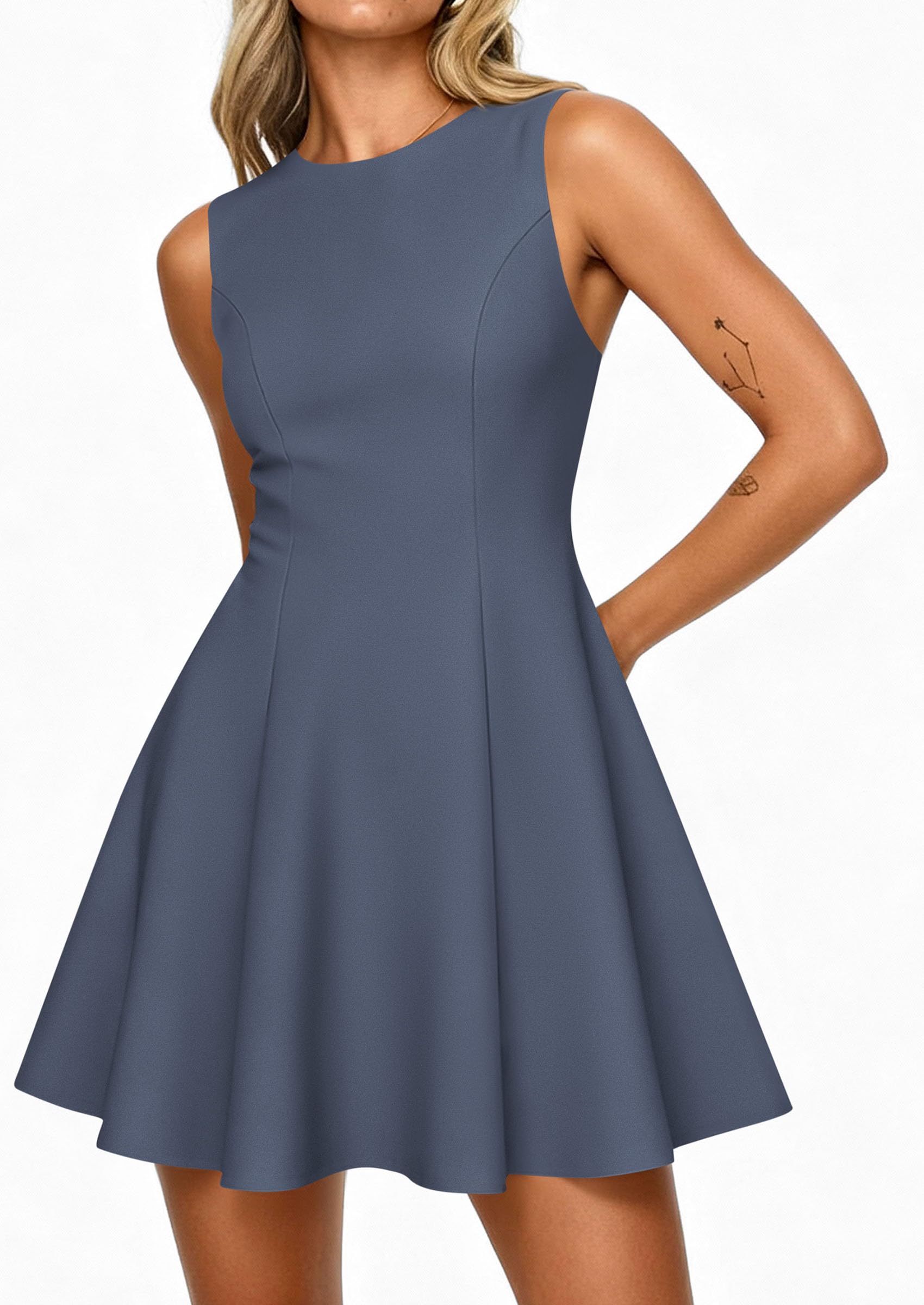 Women's Formal Boat Neck A Line Mini Dress,Dusty Blue,XS