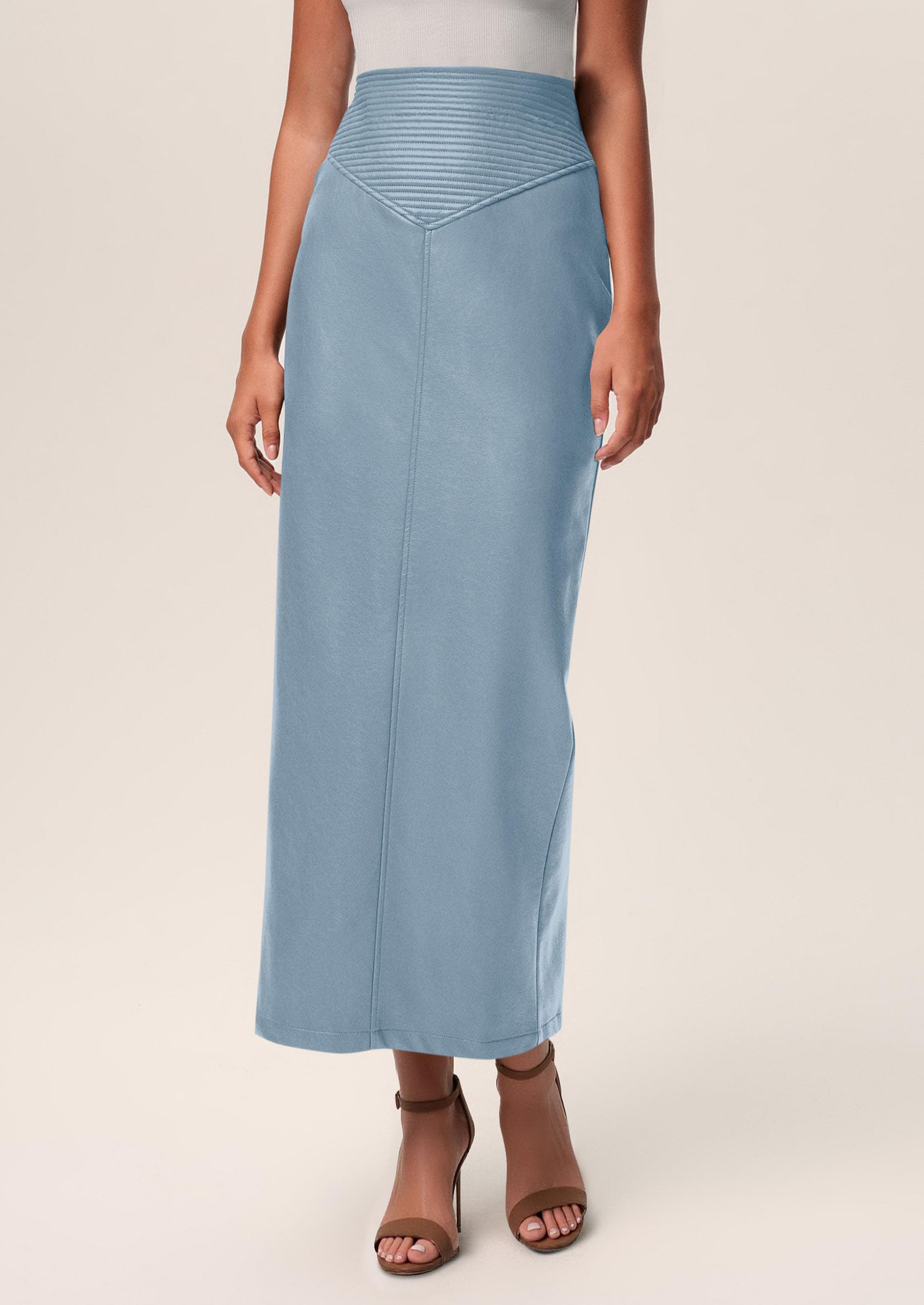 Women's Faux Leather High Waisted Maxi Skirts,Dusty Blue,XS
