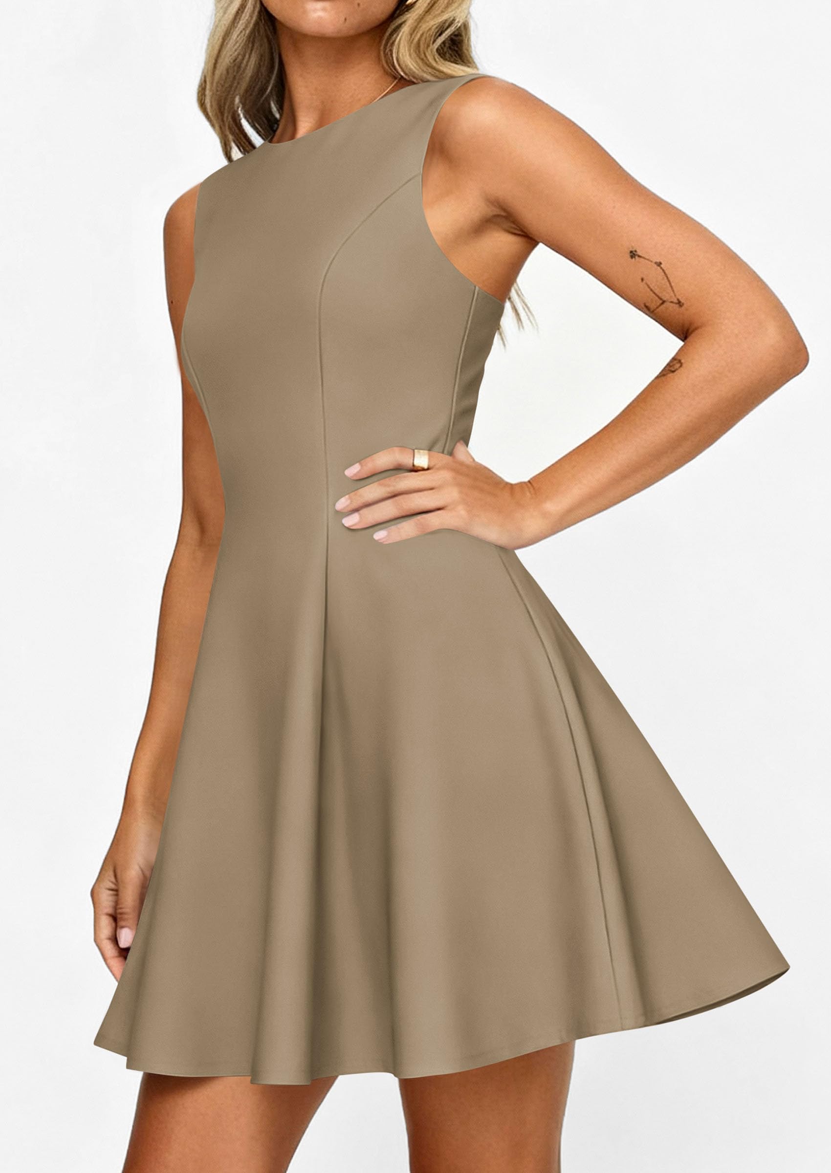 Women's Formal Boat Neck A Line Mini Dress,Khaki,XS