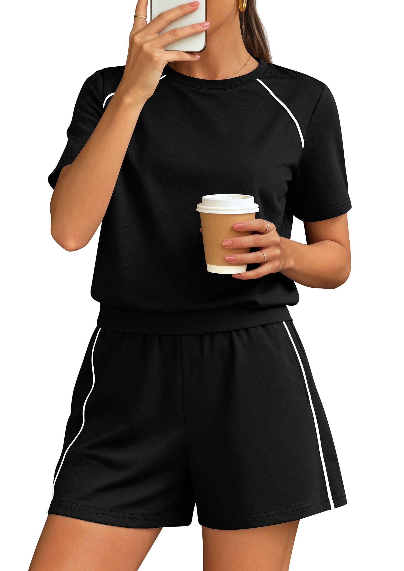 Womens 2 Piece Short Sets Casual Summer Outfits, Black,S