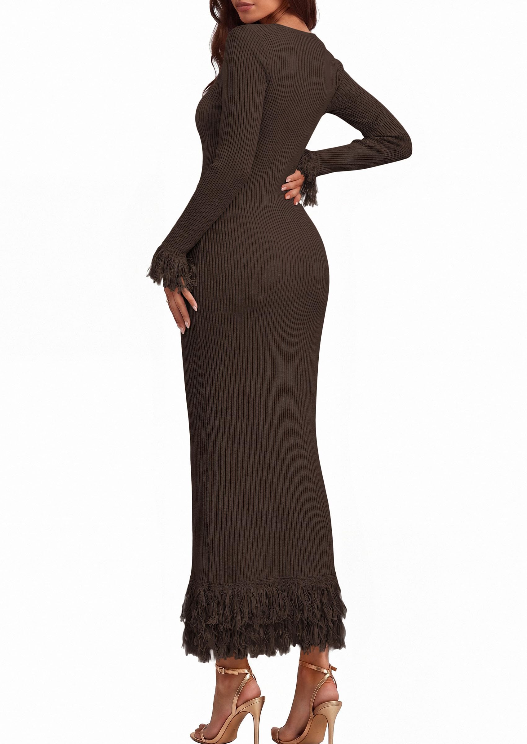 Womens Long Sleeve Bodycon Sweater Dress,Brown,Small