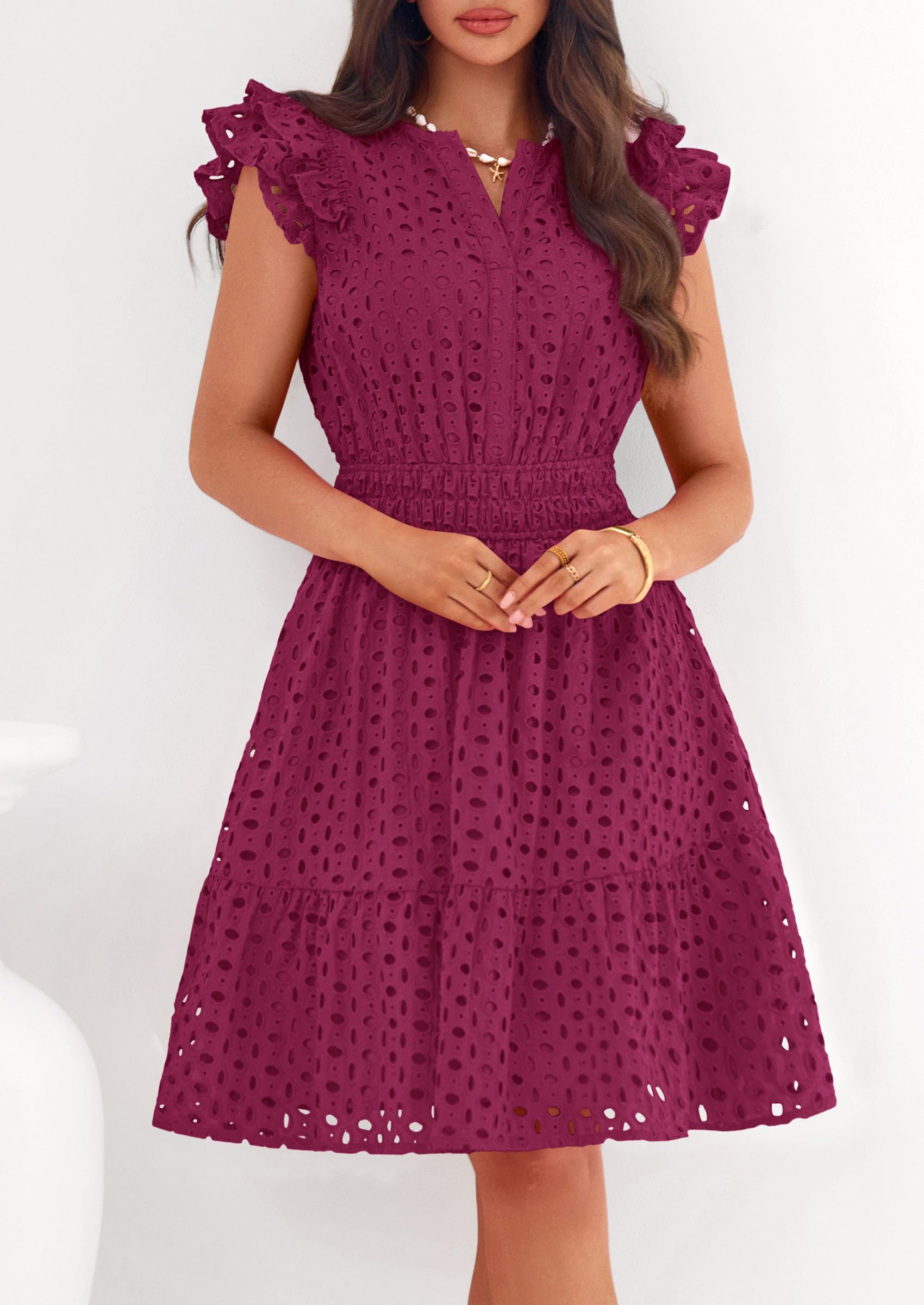 Women's Summer V Neck Eyelet Short Dress (Burgundy,Small)