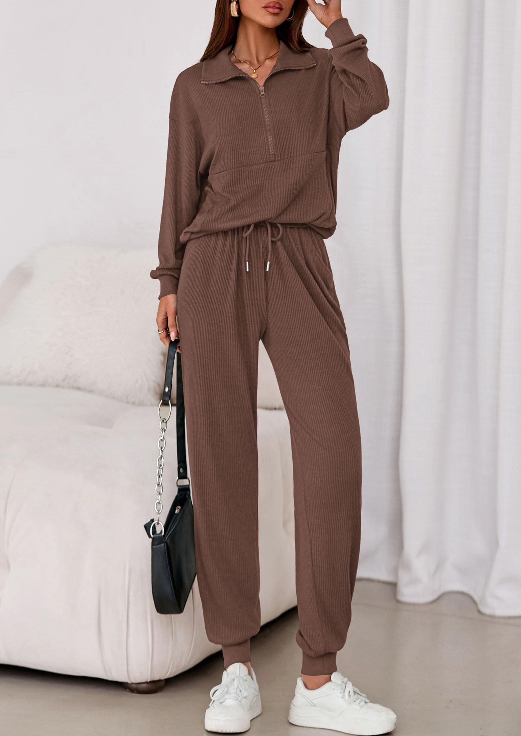 Airport Travel Outfit Women Ribbed Knit Matching Lounge Sets