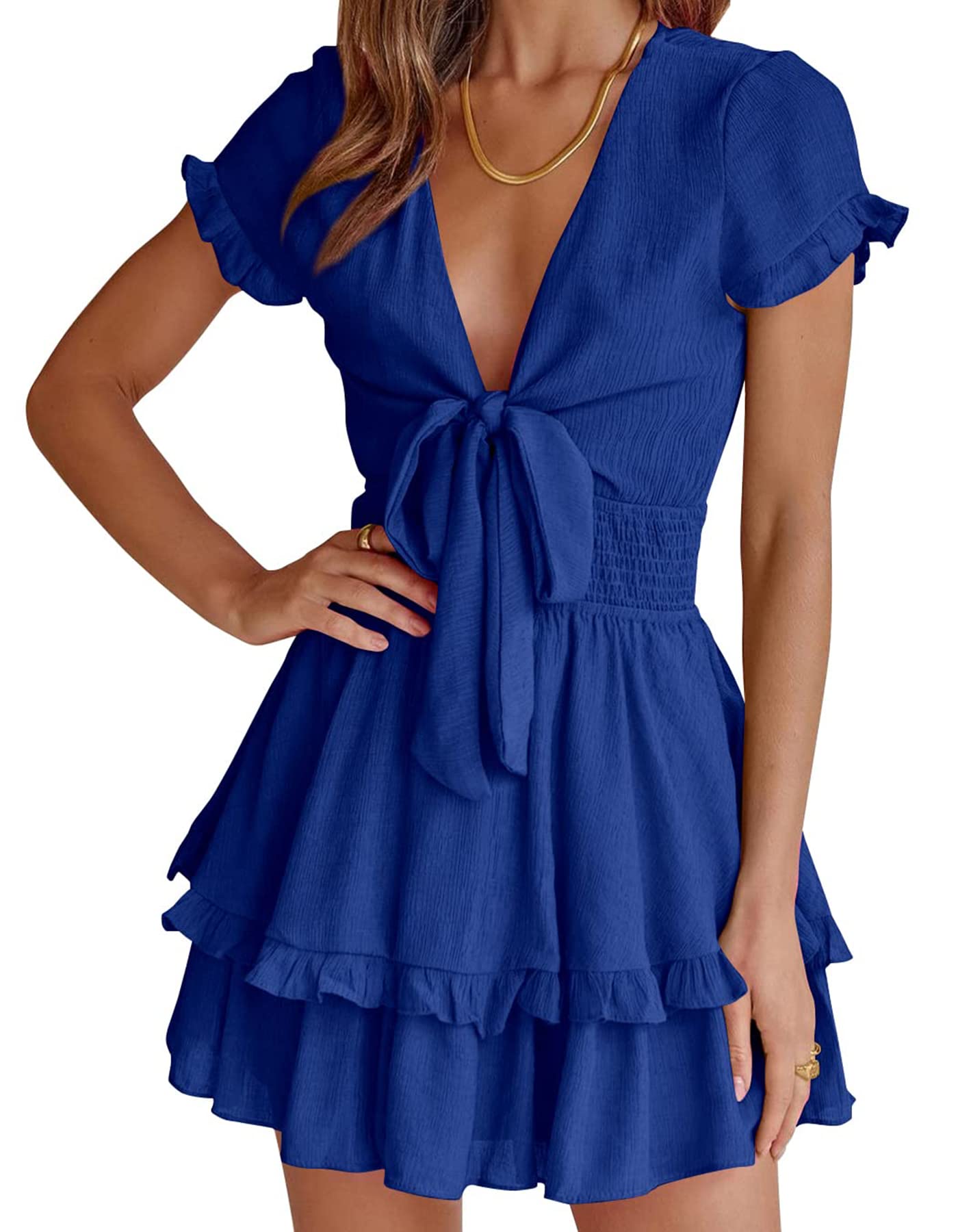 Women's Boho Floral Mini Tiered Bow Dress, Royal Blue,S
