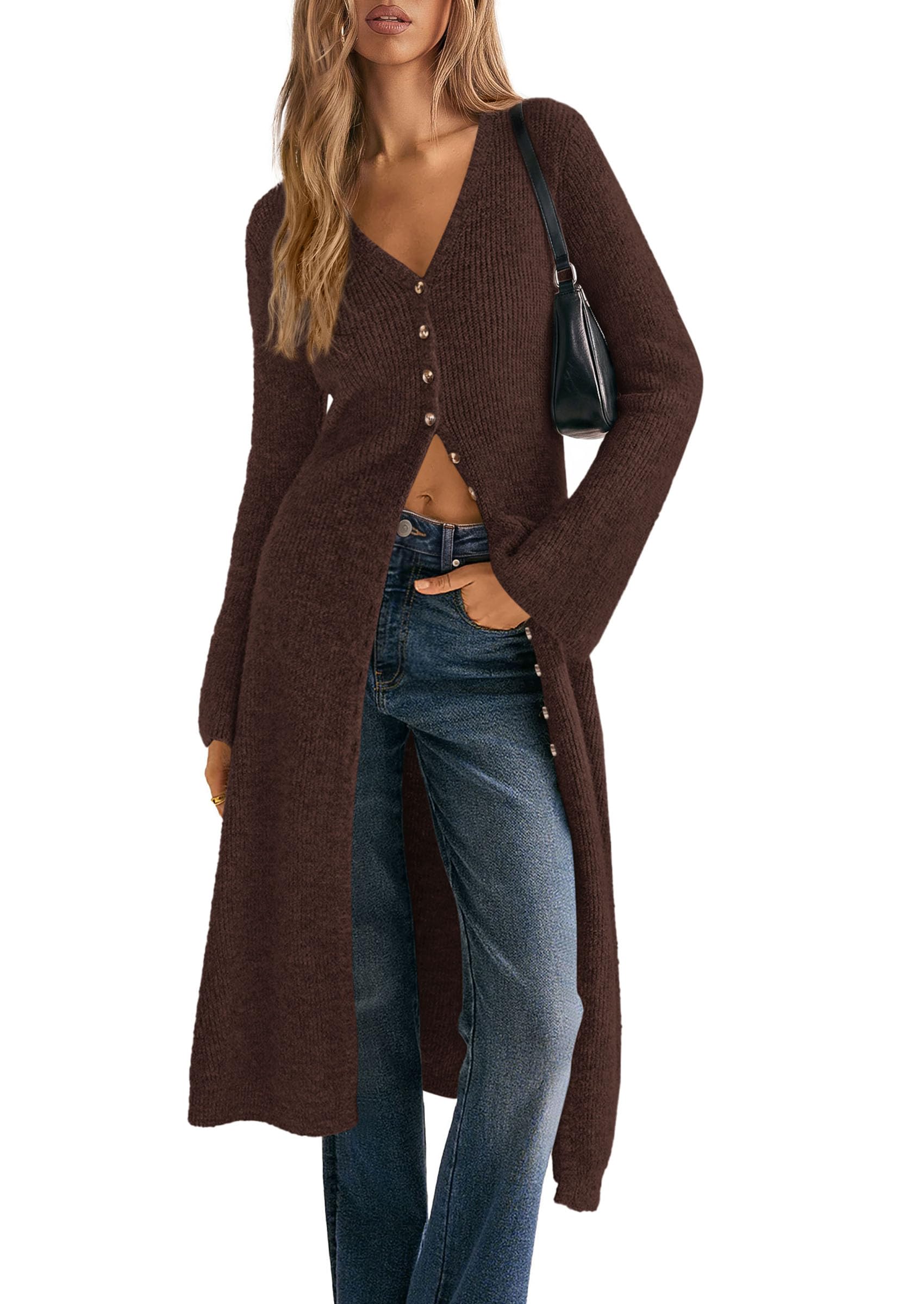 Women Long Cardigan Bell Sleeve Sweater Dress (Brown,S)