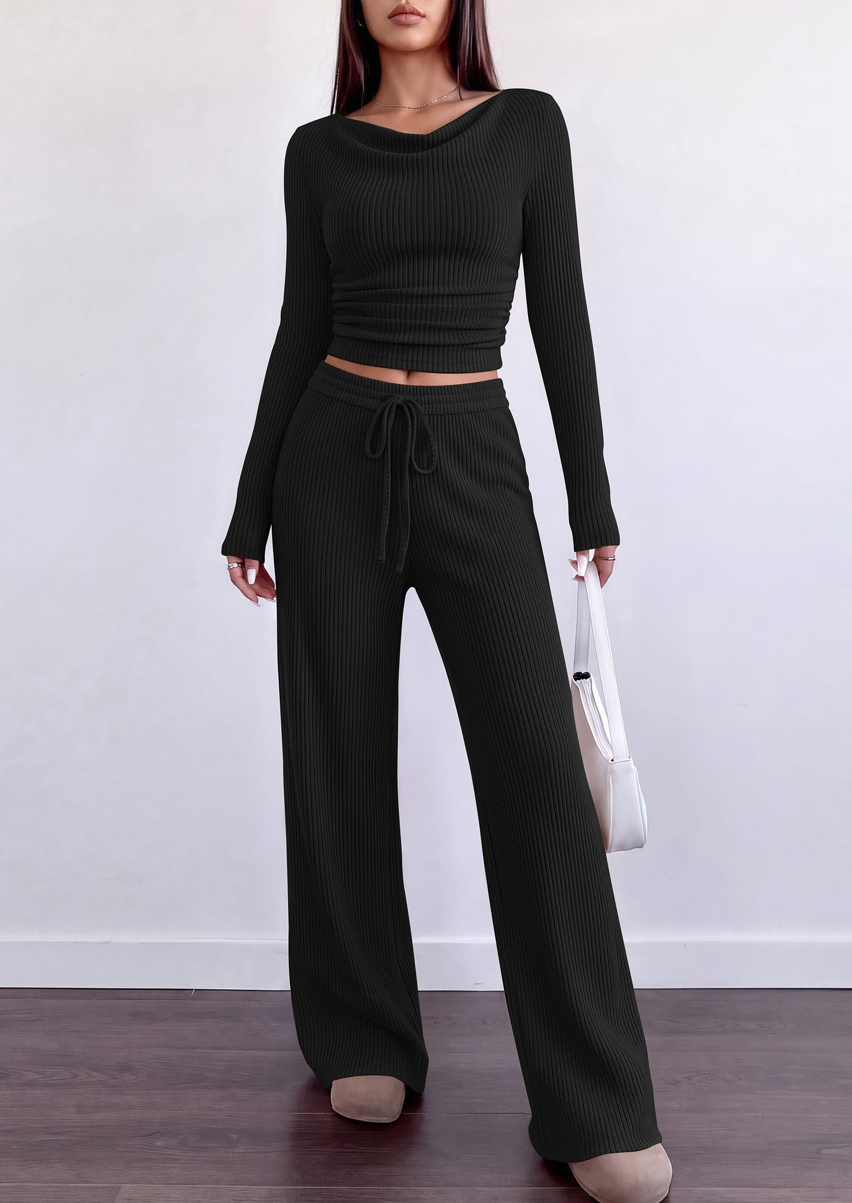 Matching Sets Women Clothing Fall Ribbed 2 Piece Lounge Set