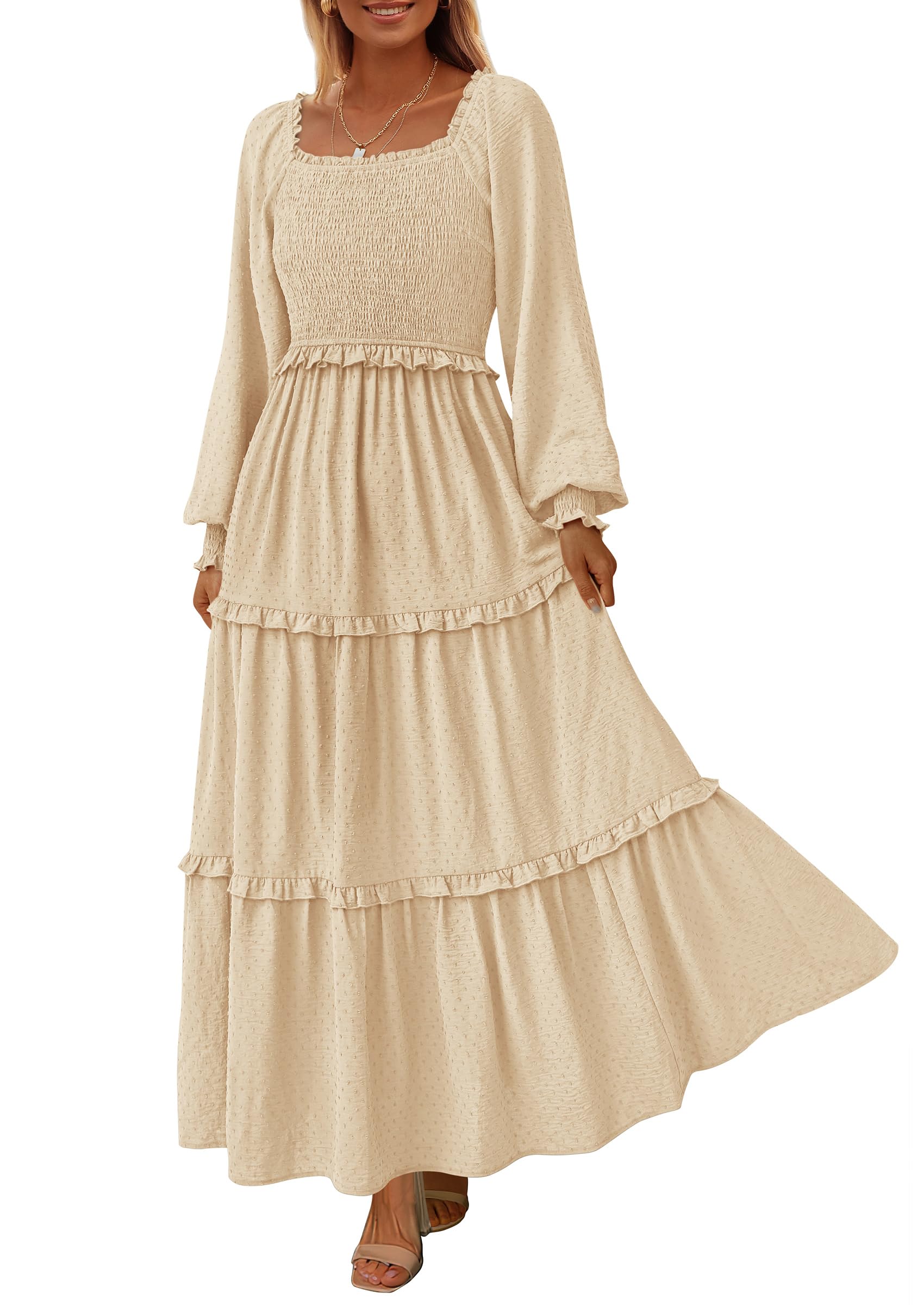 Women's Smocked Long Sleeve Maxi Dress Wedding Guest Dresses