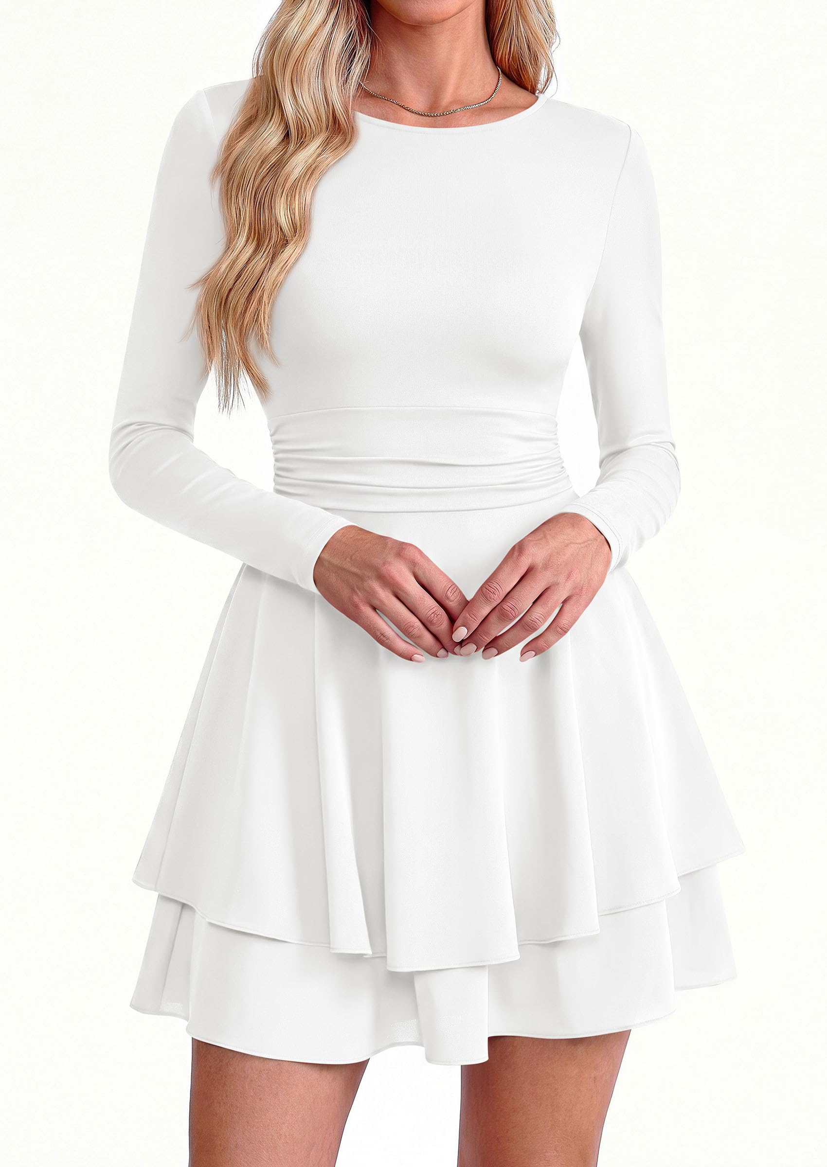 Womens Fit and Flare Crewneck Long Sleeve Mini Dress White,S