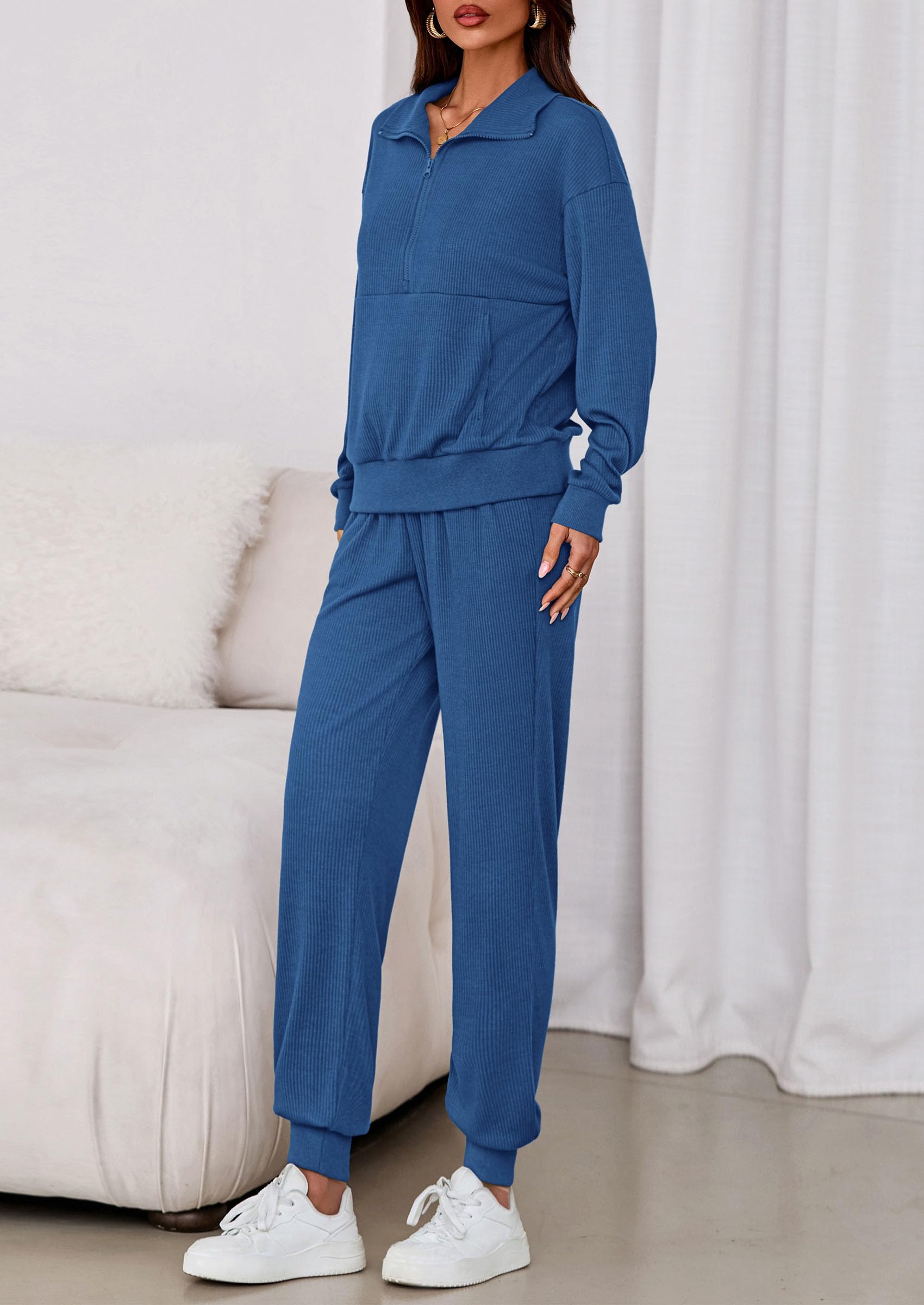Airport Travel Outfit Women Ribbed Knit Matching Lounge Sets