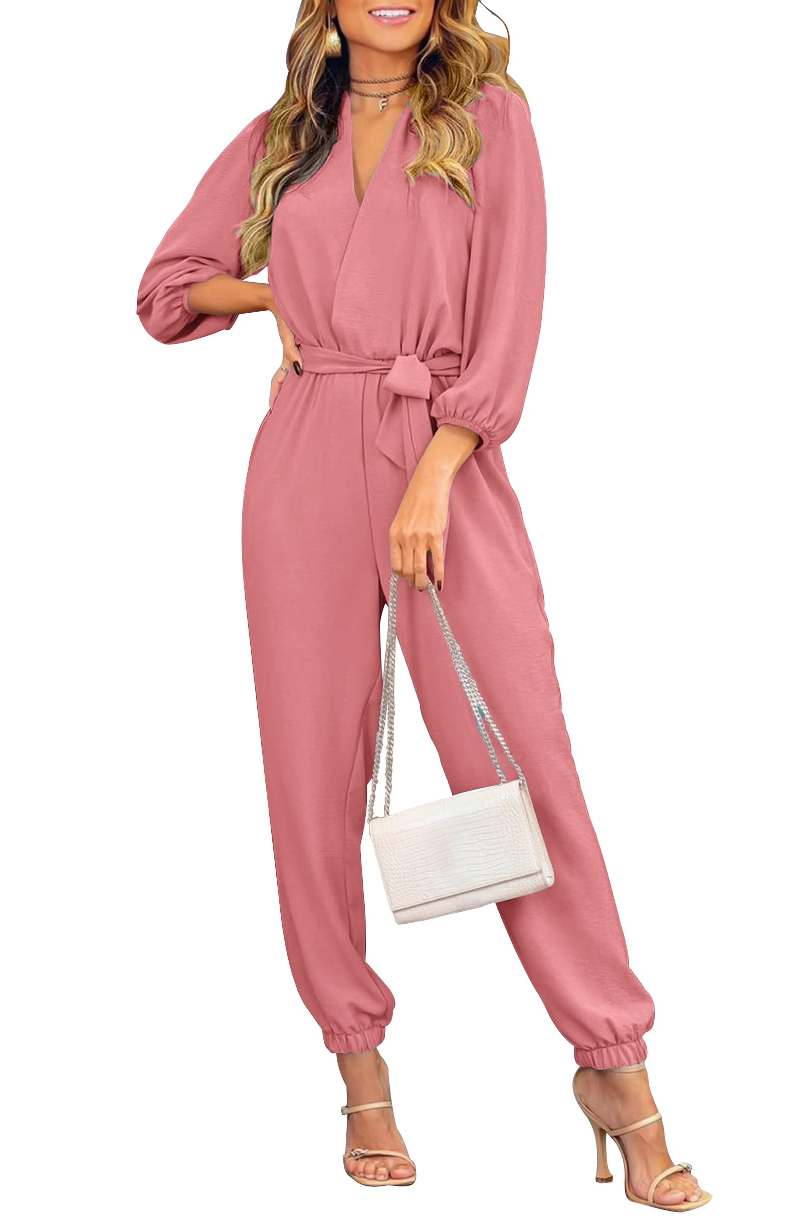 Long Sleeve Jumpsuits for Women Dressy Casual, Pink,S