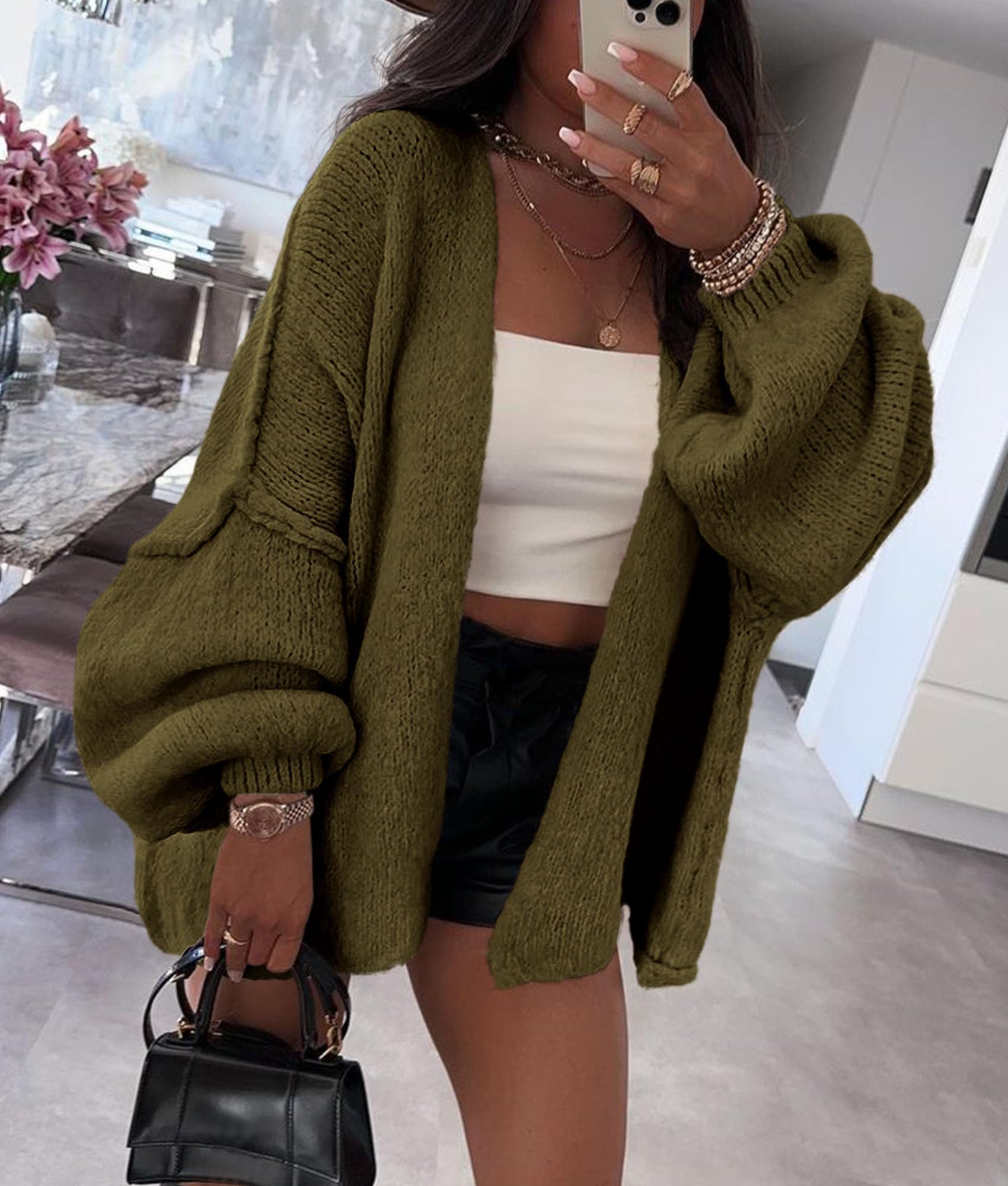 Womens Open Front Oversized Cardigan Sweaters,Army Green,XS