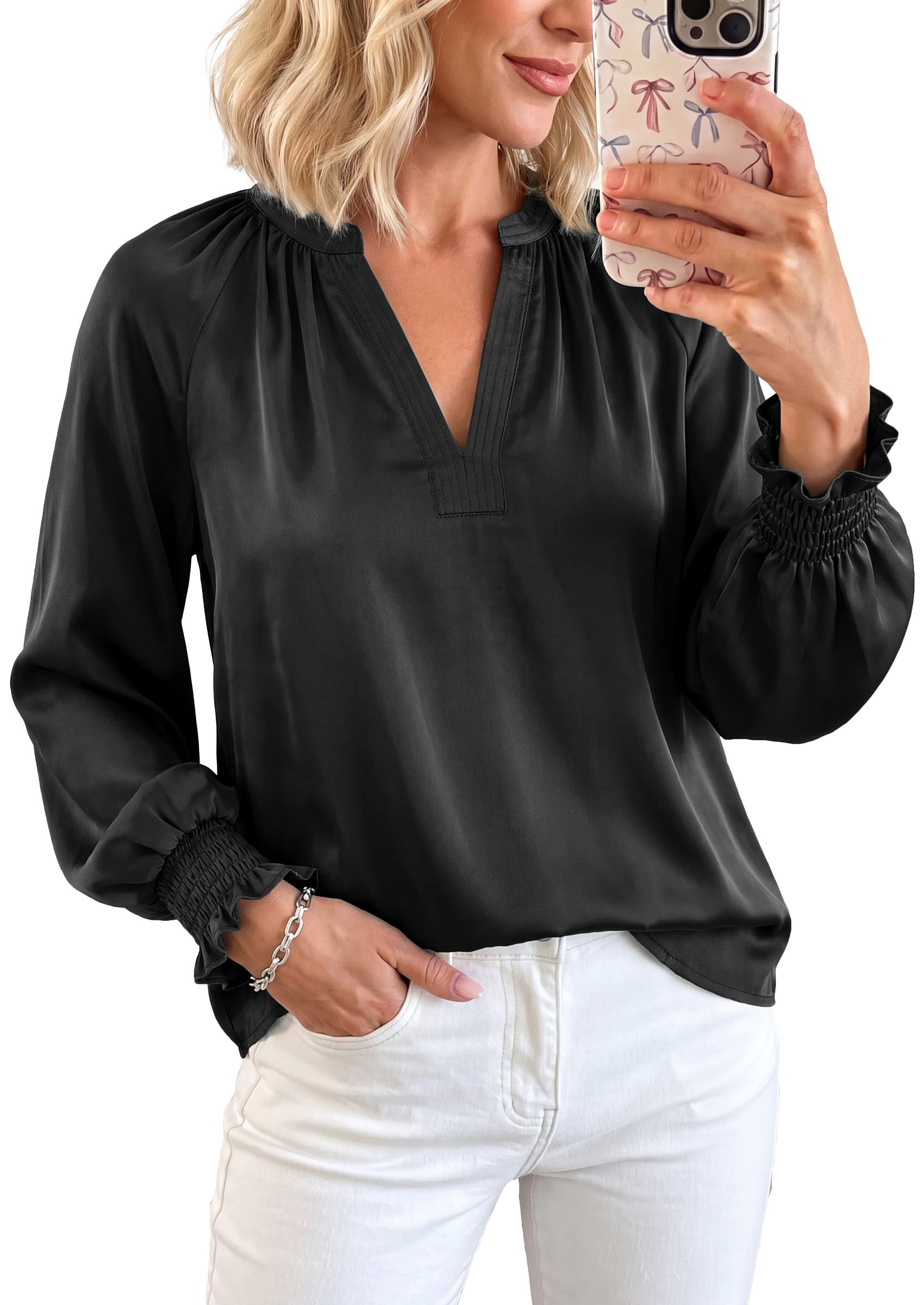 Women's Satin Blouses V Neck Long Sleeve Tops,Black,S