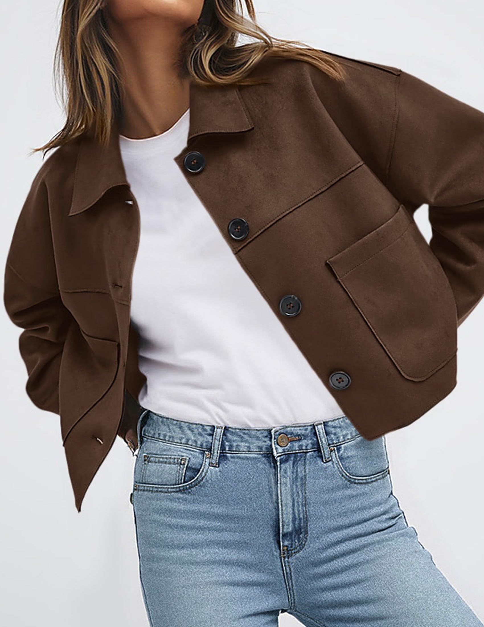 Women's Faux Suede Shacket Jackets Lightweight Cropped Coats