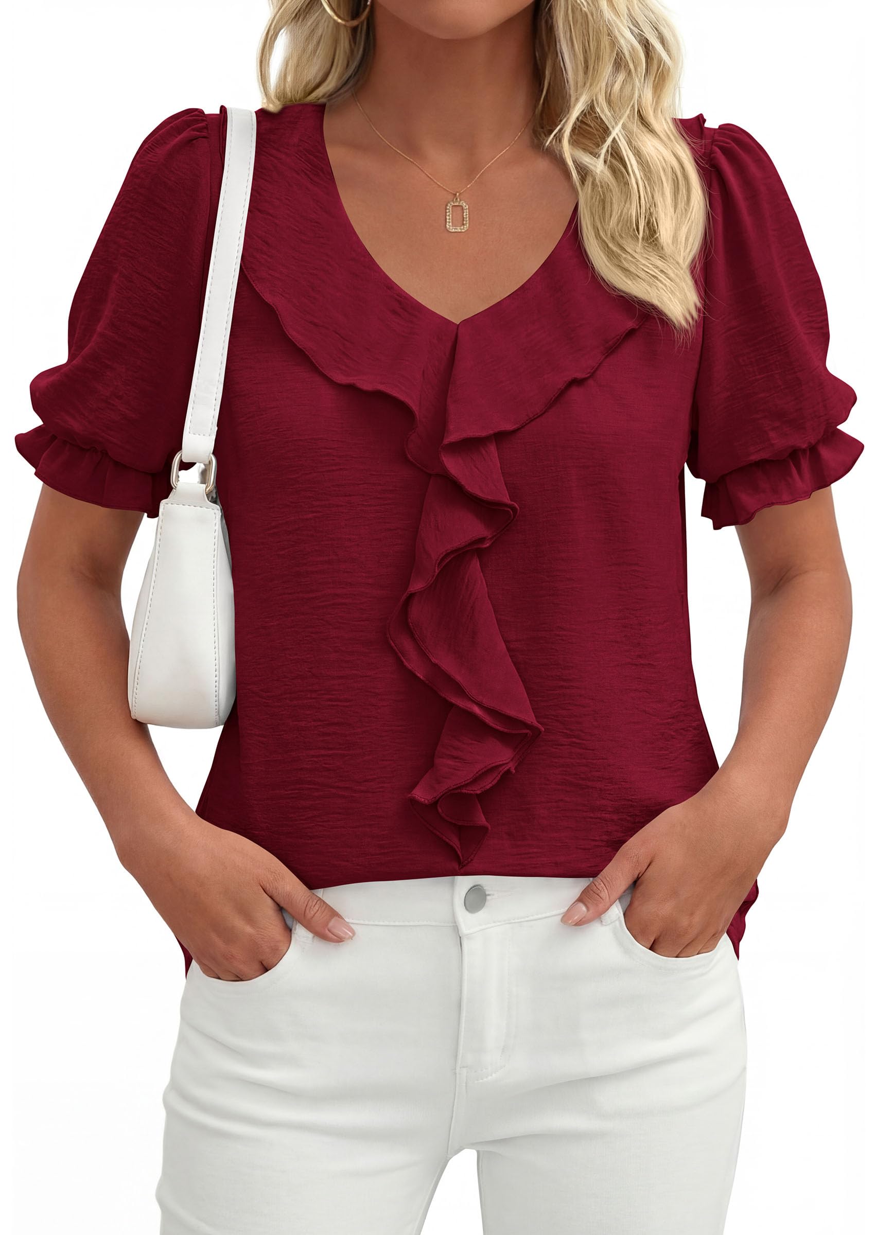 Women's Summer Ruffle Dressy Casual Blouses (Burgundy,S)