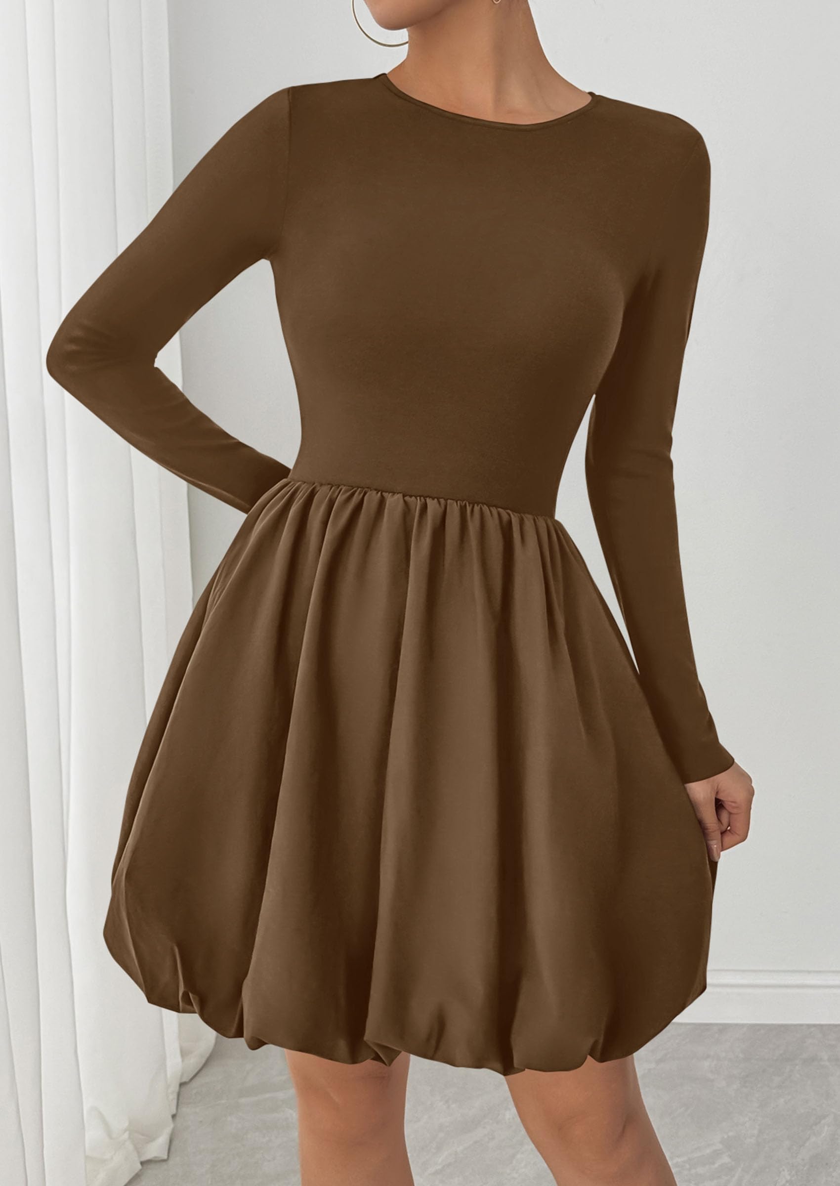 Fall Dresses for Women 2026 Bubble Mini Dress,Brown,S